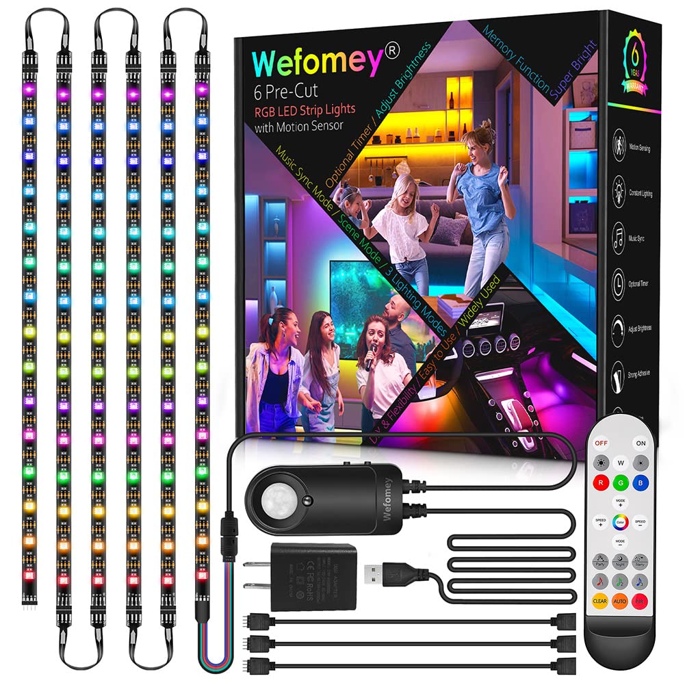 Rgb Under Cabinet Lights With Motion Sensor, 6 Pre-Cut Led Strip Lights With Remote Control, Music Sync Color Changing Closet Li