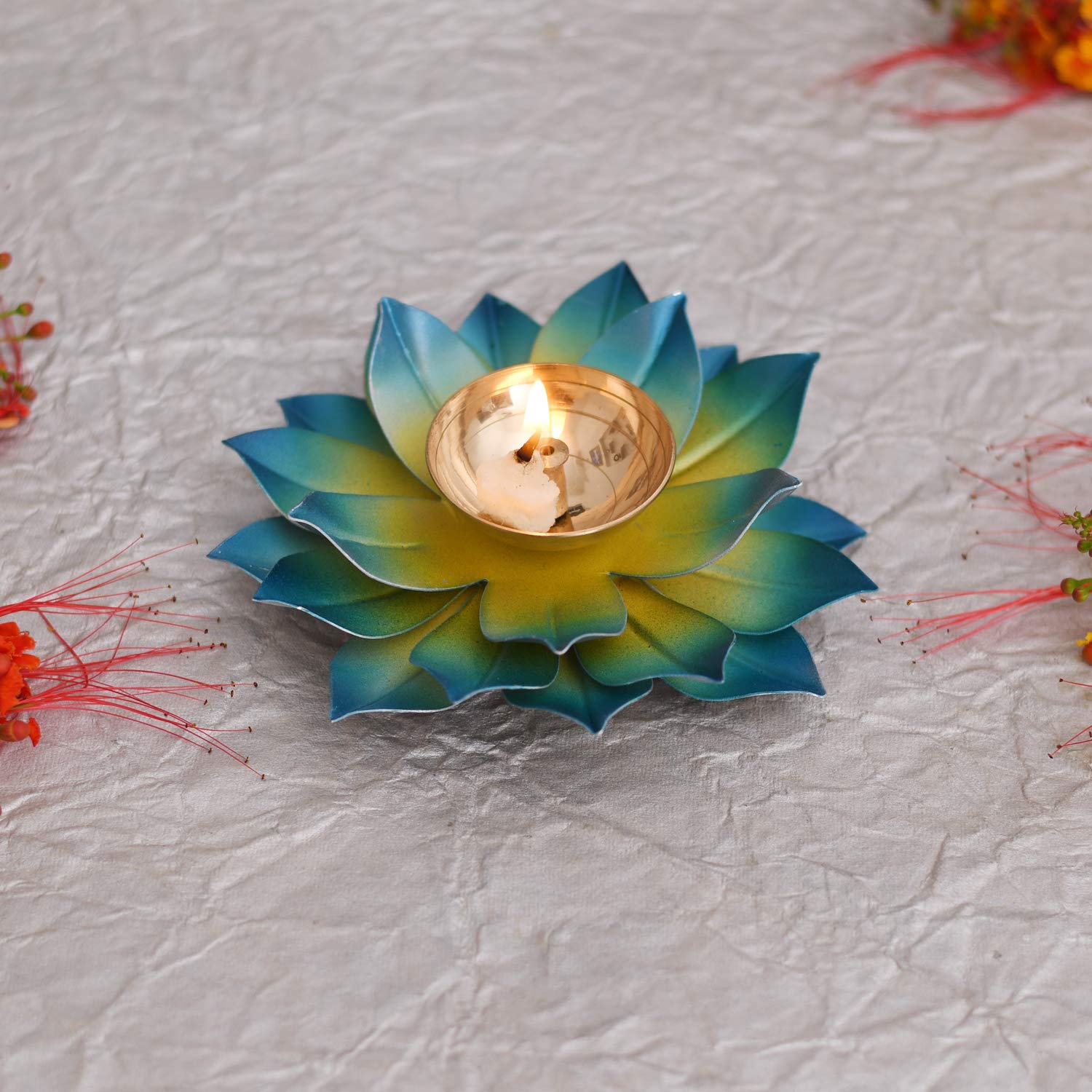 Collectible India Lotus Diya Puja Oil Lamp - Metal Handpainted Deepak -Home Temple Puja Articles Decor (Blue 5.5 X 1.5 Inch)