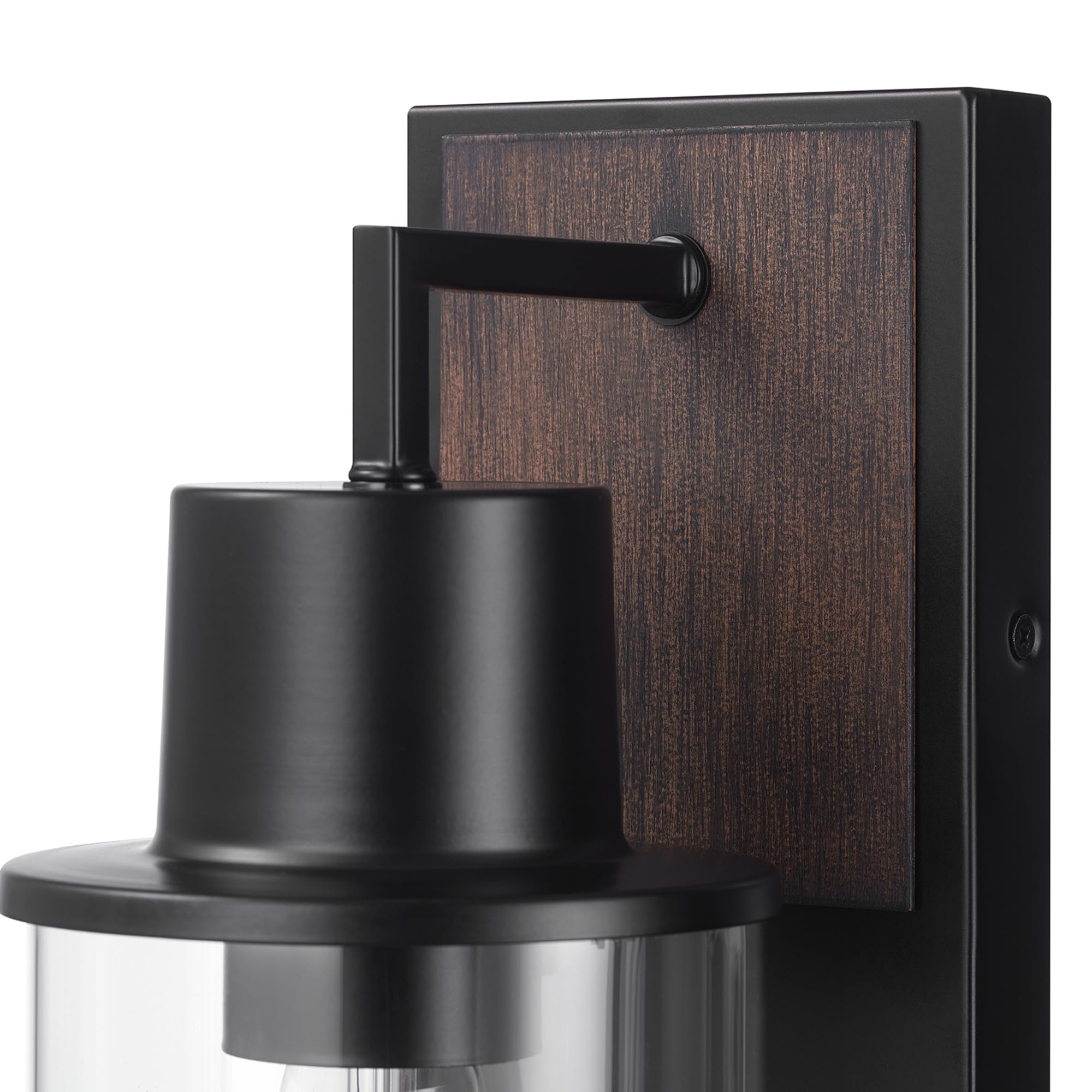 Globe Electric 60000025 1-Light Outdoor Wall Sconce, Matte Black, Faux Wood Accent, Clear Glass Shade, E26 Bulb, Outdoor Lightin