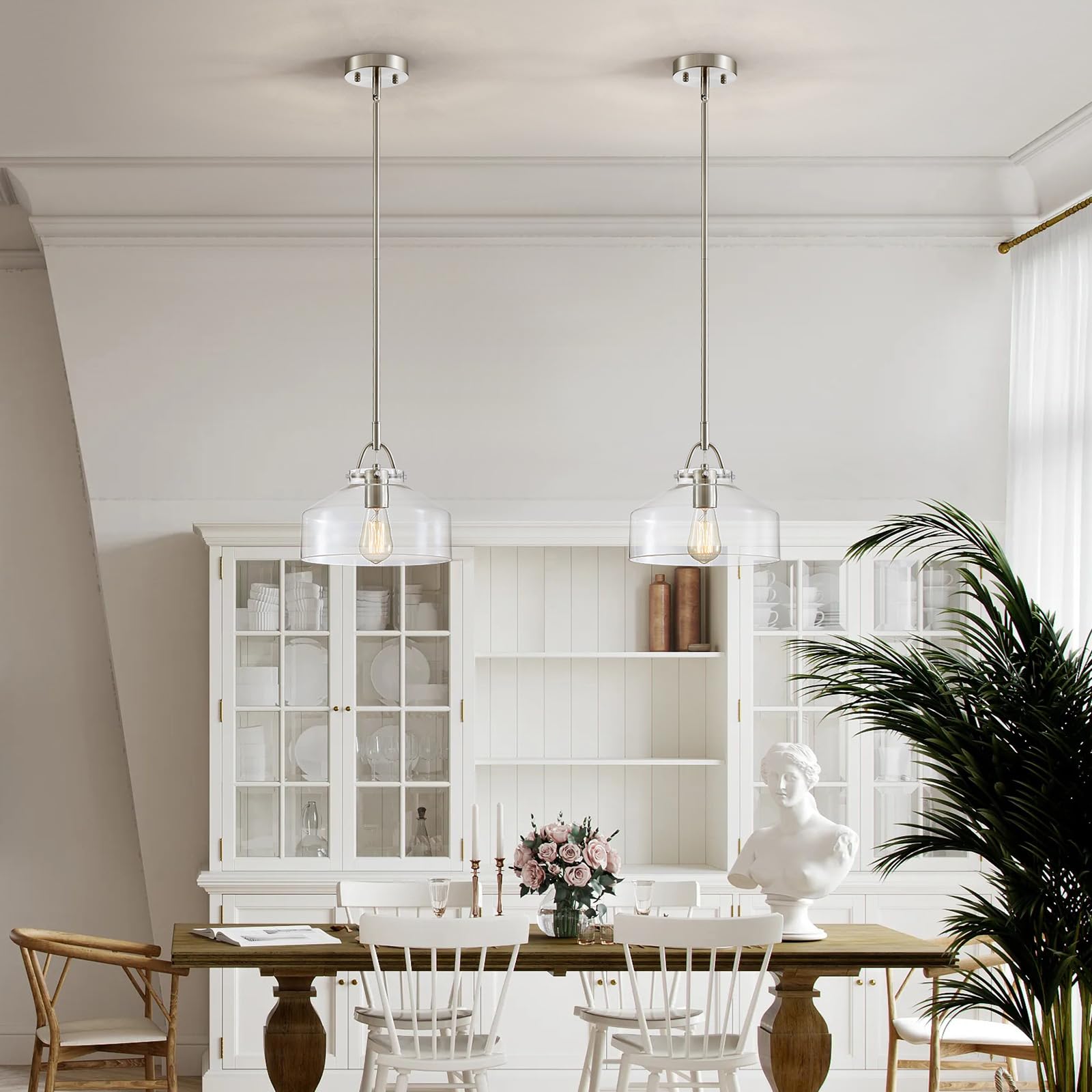 WUZUPS Chandelier Pendant Light, Rustic Farmhouse Round, 9.4"H x 10.6"W, Brushed Nickel, Clear Glass Shades, Model USHD0351N