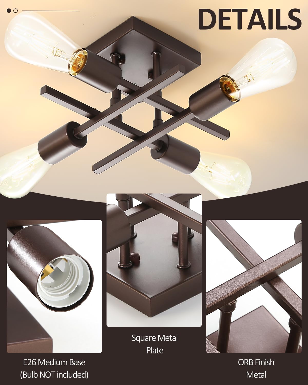 Eidonta 4-Light Semi Flush Mount Ceiling Light, Oil-Rubbed Bronze, Metal, 2 Pack