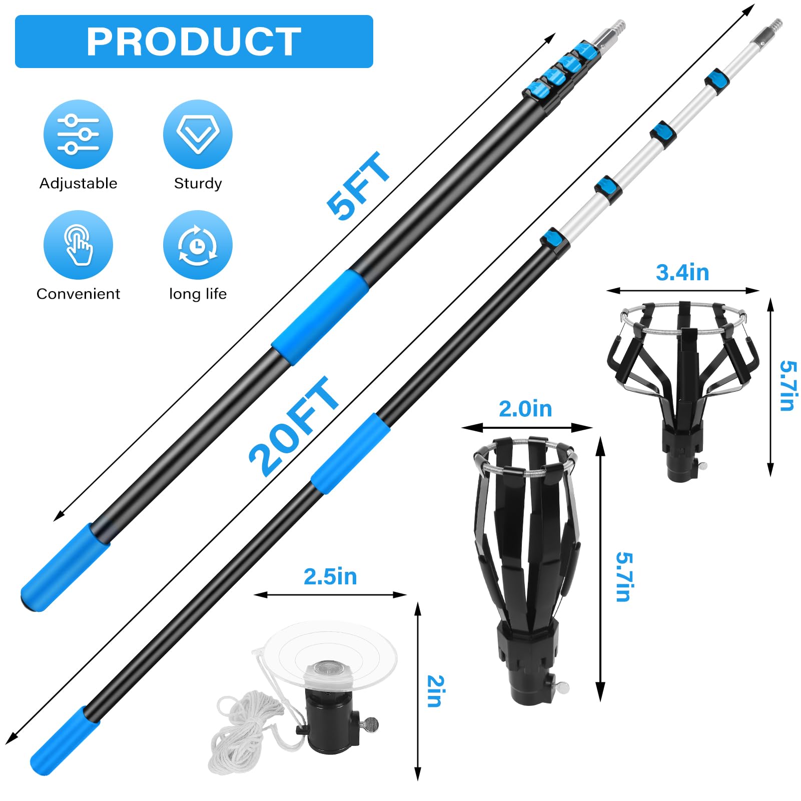 VASALAID Light Bulb Changer - 26FT Reach with 20FT Telescopic Pole, Aluminum, Blue, Model Lightchanger-20ft for High Ceilings