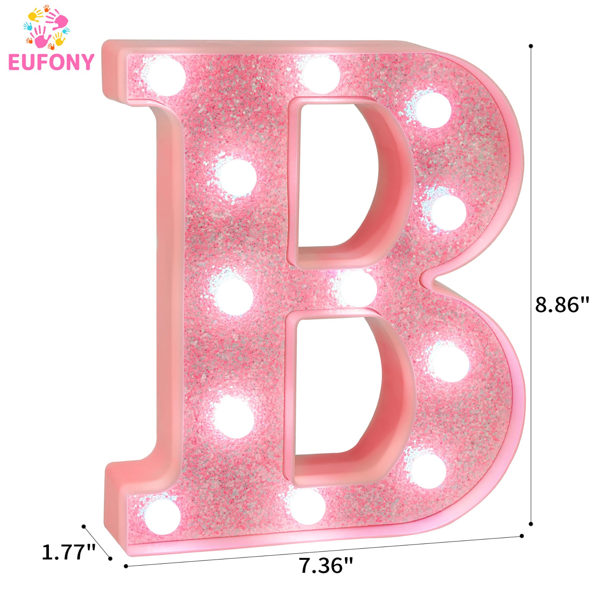 EUFONY Pink Glitter LED Marquee Light Up Letter B with Cool White Lights, Battery-Powered Alphabet Letter Sign for Girls Gift, B