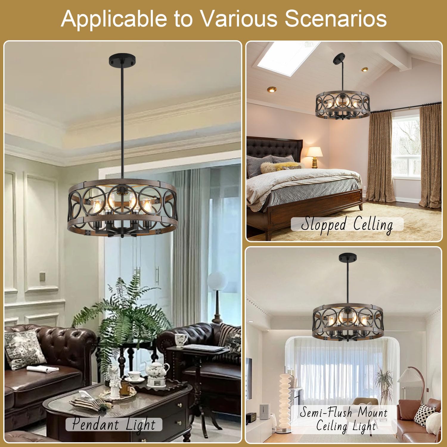 Shiandar Semi Flush Mount Ceilnig Light,6-Light Farmhouse Chandelier Rustic,Modern Light Fixture Ceiling Mount Round Metal Vintage Chandelier Dining Room Light Fixtures For Kitchen