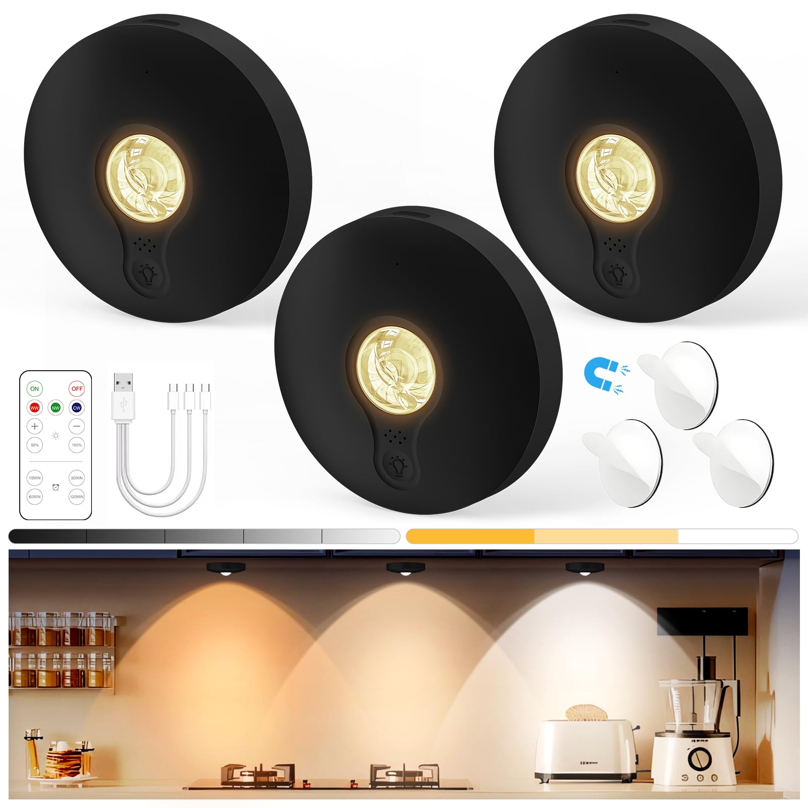 Yiliaw Rechargeable Puck Lights with Remote, 3 Pack Magnetic Under Cabinet Lighting, 1500mAh Battery Operated LED Tap Lights wit