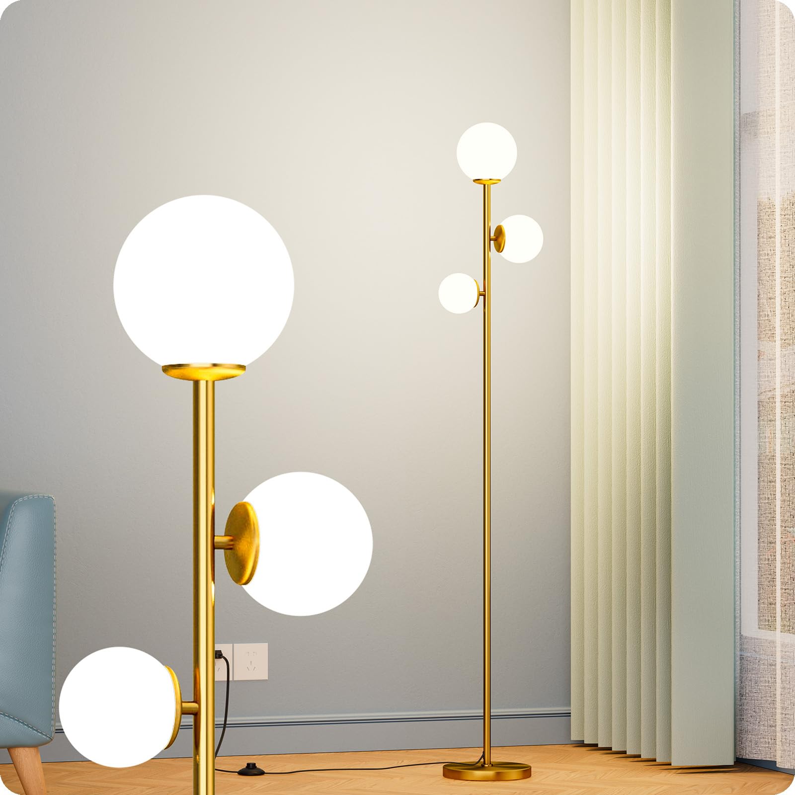 Nukanu Floor Lamp With 3 Frosted Glass Shades,Stangding Lamp Floor Lamps For Living Room Bedroom Office With 3 Led Bulbs,Tall La