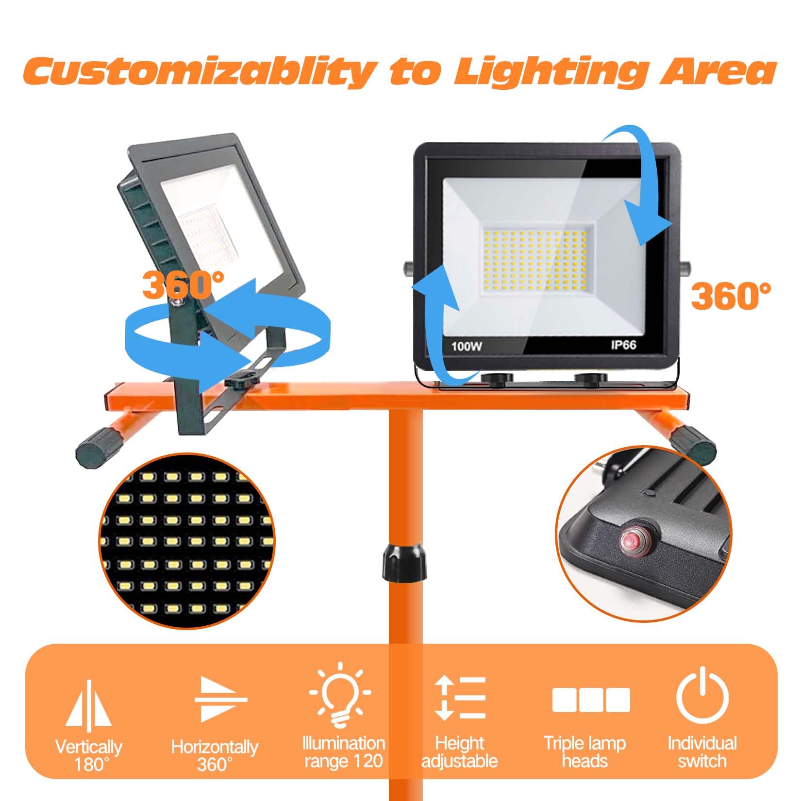 Scilulu 21000 Lumen Work Lights With Stand, 3 Adjustable Head Led Work Light, With Adjustable And Foldable Tripod Stand, Waterpr