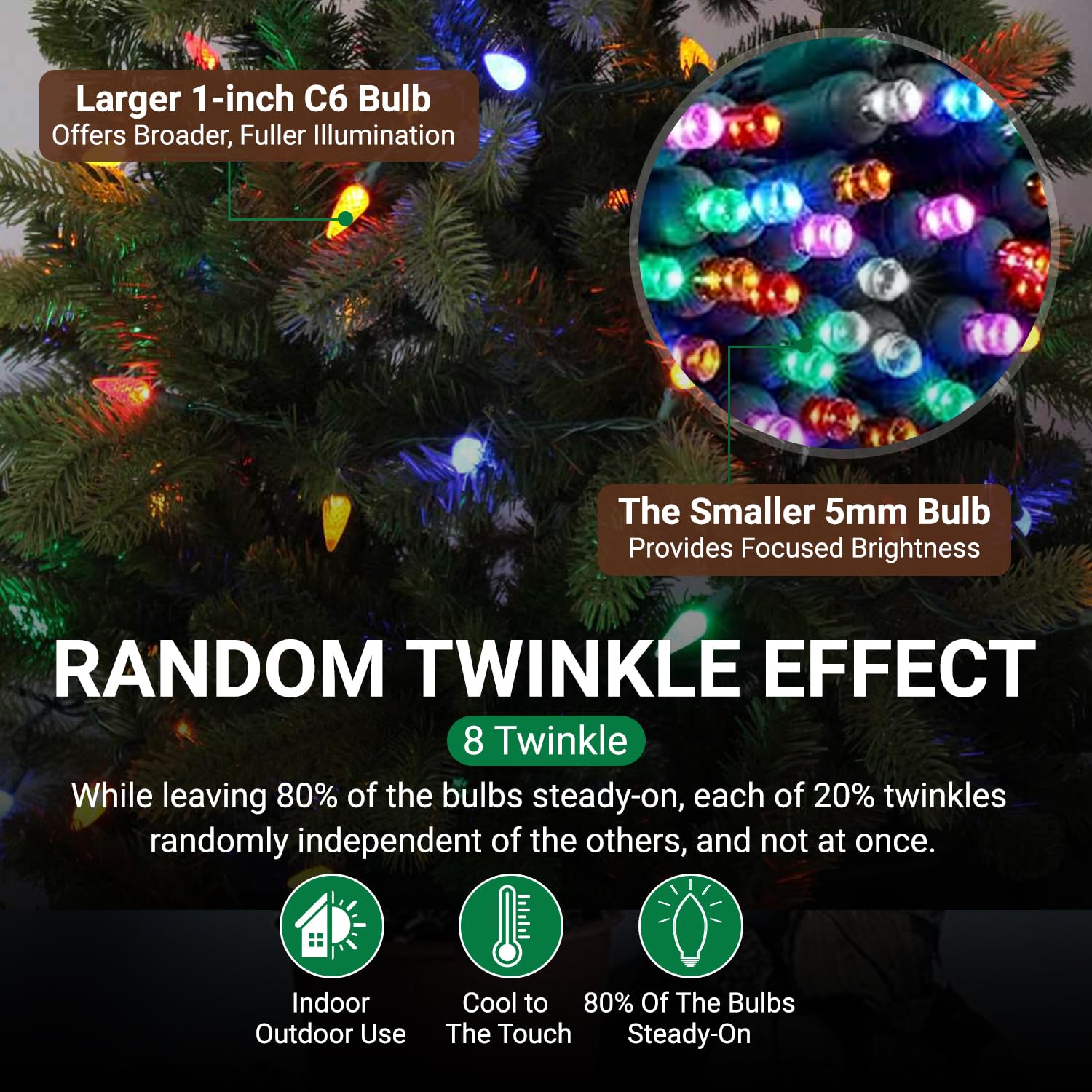 Tupkee Christmas LED Twinkling Lights, Multicolor, 24.5 Feet, C6/5mm Bulbs, Indoor/Outdoor Holiday Decor