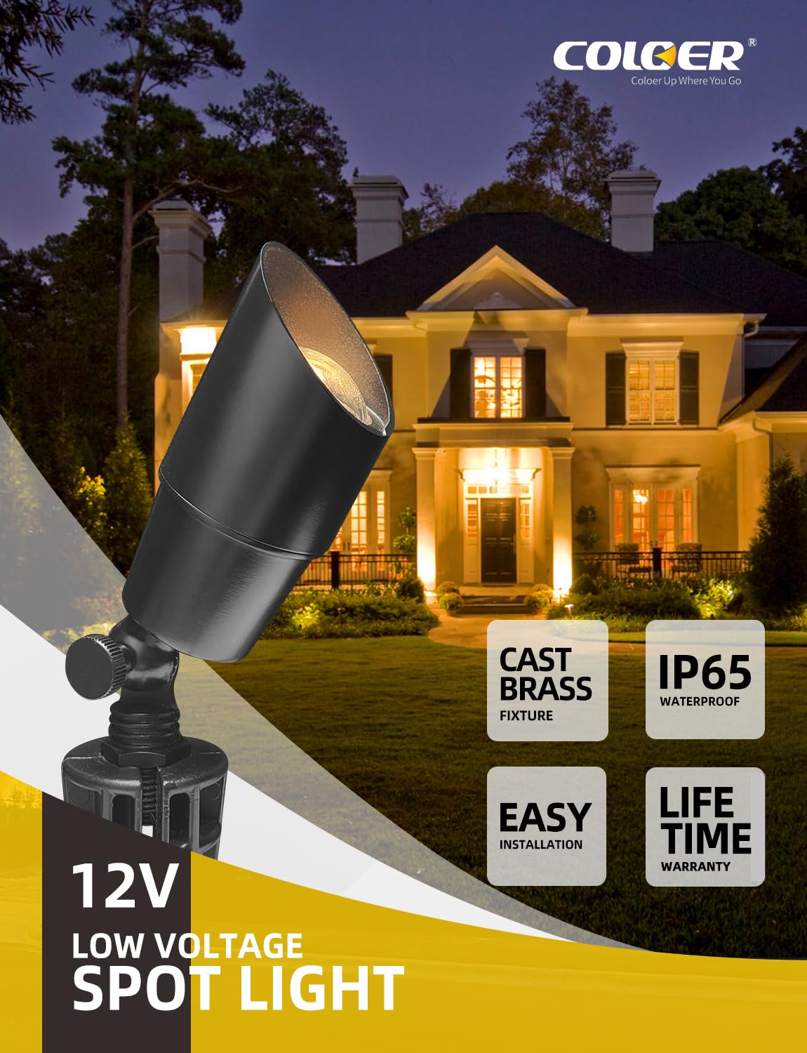 Coloer Brass Low Voltage Landscape Spotlight(Black) 1-Pack With 5W Aluminum Housing Mr16 Led Bulb 2700K 450Lm Cri85+,12V Ac/Dc O