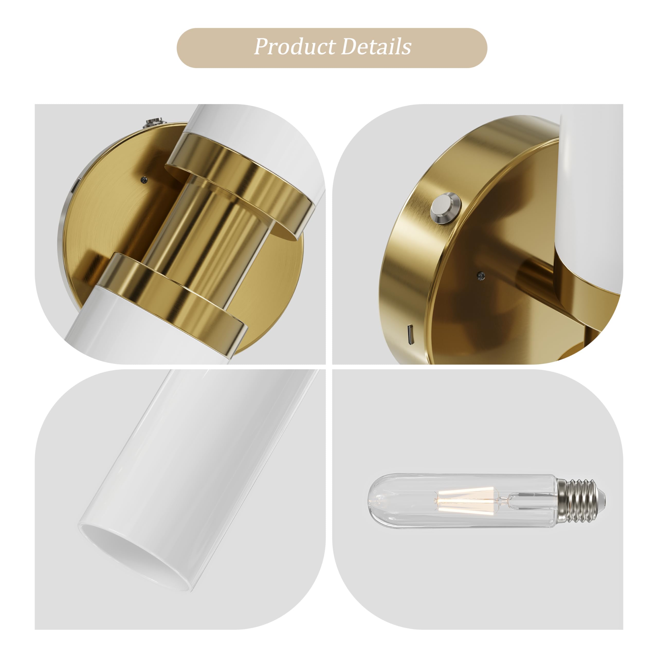Rayogale Rechargeable Battery Wall Sconce Set of Two, 10000mAh, Dimmable, Gold & White Shade, Model WL-7116-WG-2P, USB-C