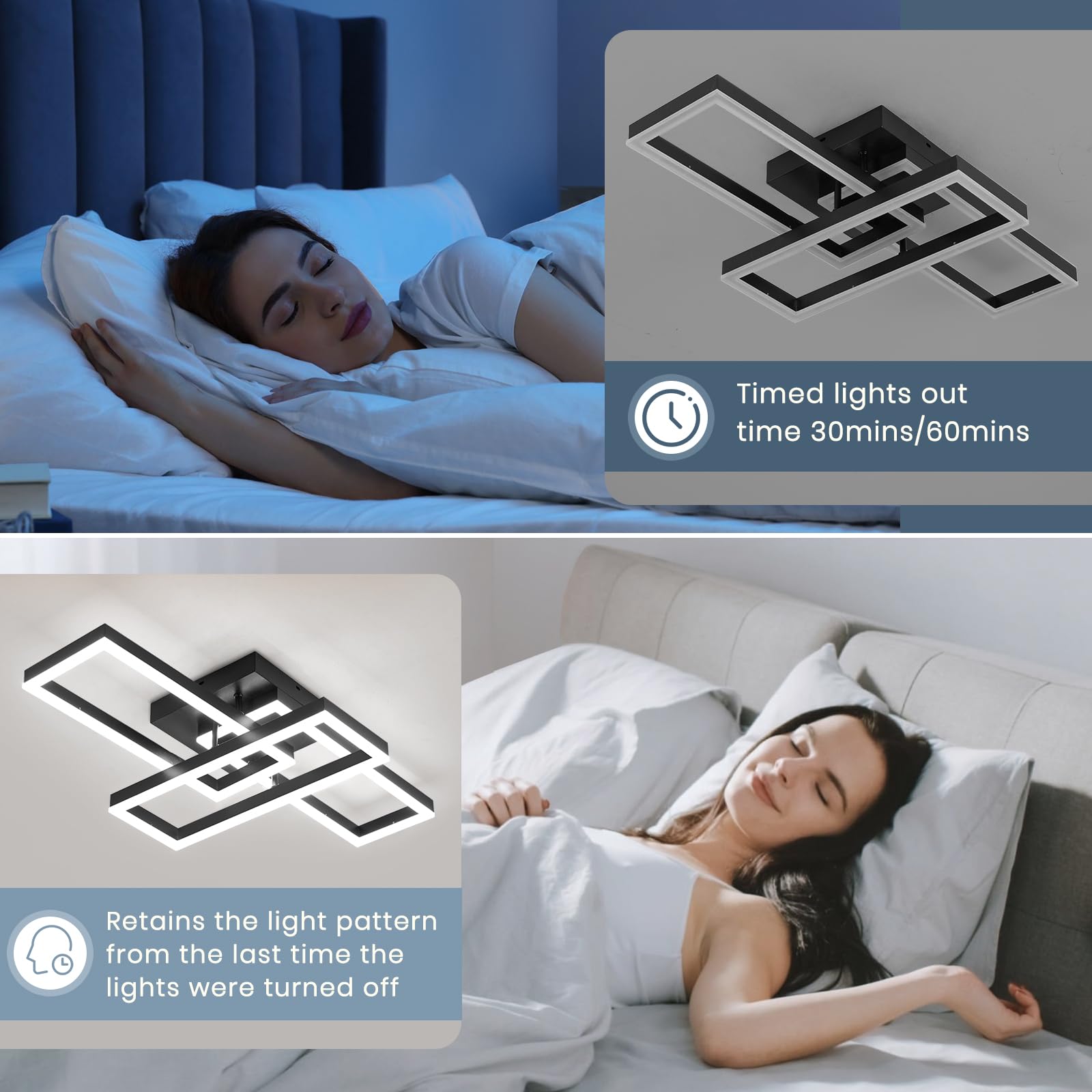 EIDISUNY Modern LED Ceiling Light Fixture, Dimmable 40W, Black 3 Square, Remote Control & APP, Model CL-3CFBKYX-D-2985