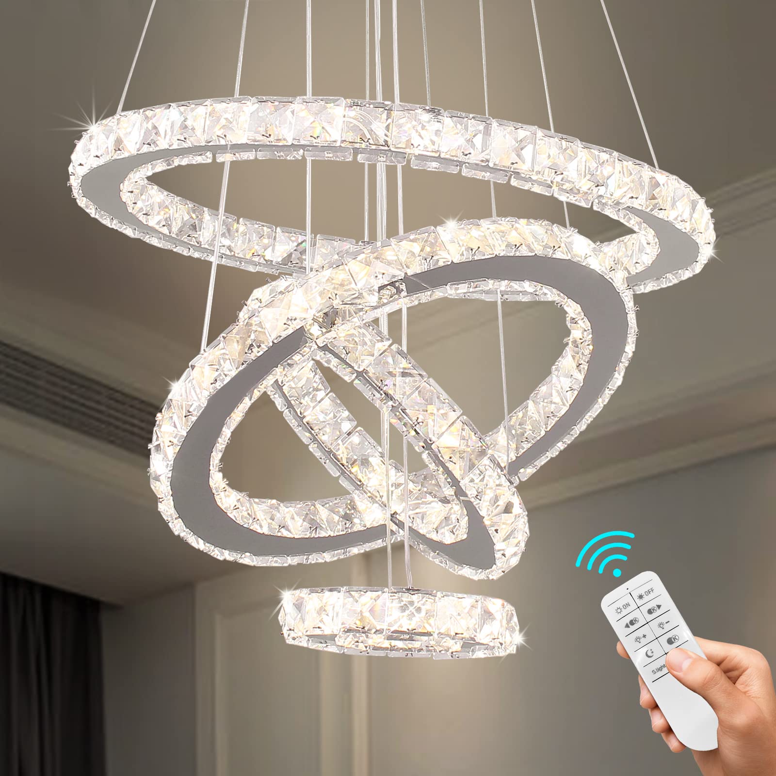 diisunbihuo Crystal Chandelier LED Pendant Light Dimmable Adjustable Stainless Steel for Living Room Dining Room Bedroom Model 1234-Dimmable
