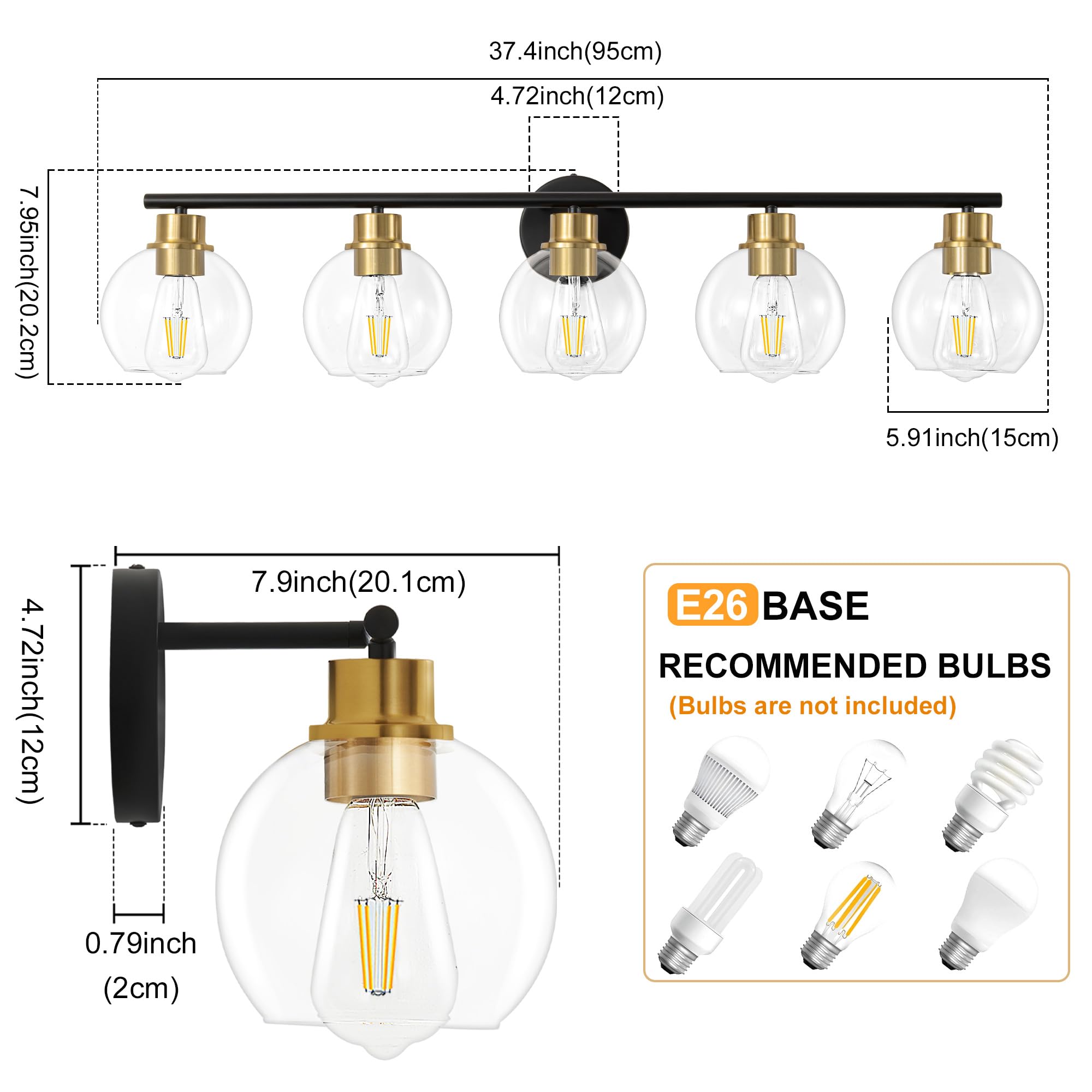 Lanmate 5-Light Bathroom Vanity Light Fixture, Clear Glass Shade, Modern Black and Gold, 37.4 Inch, Model 5495546b-0e59-47b4-a489