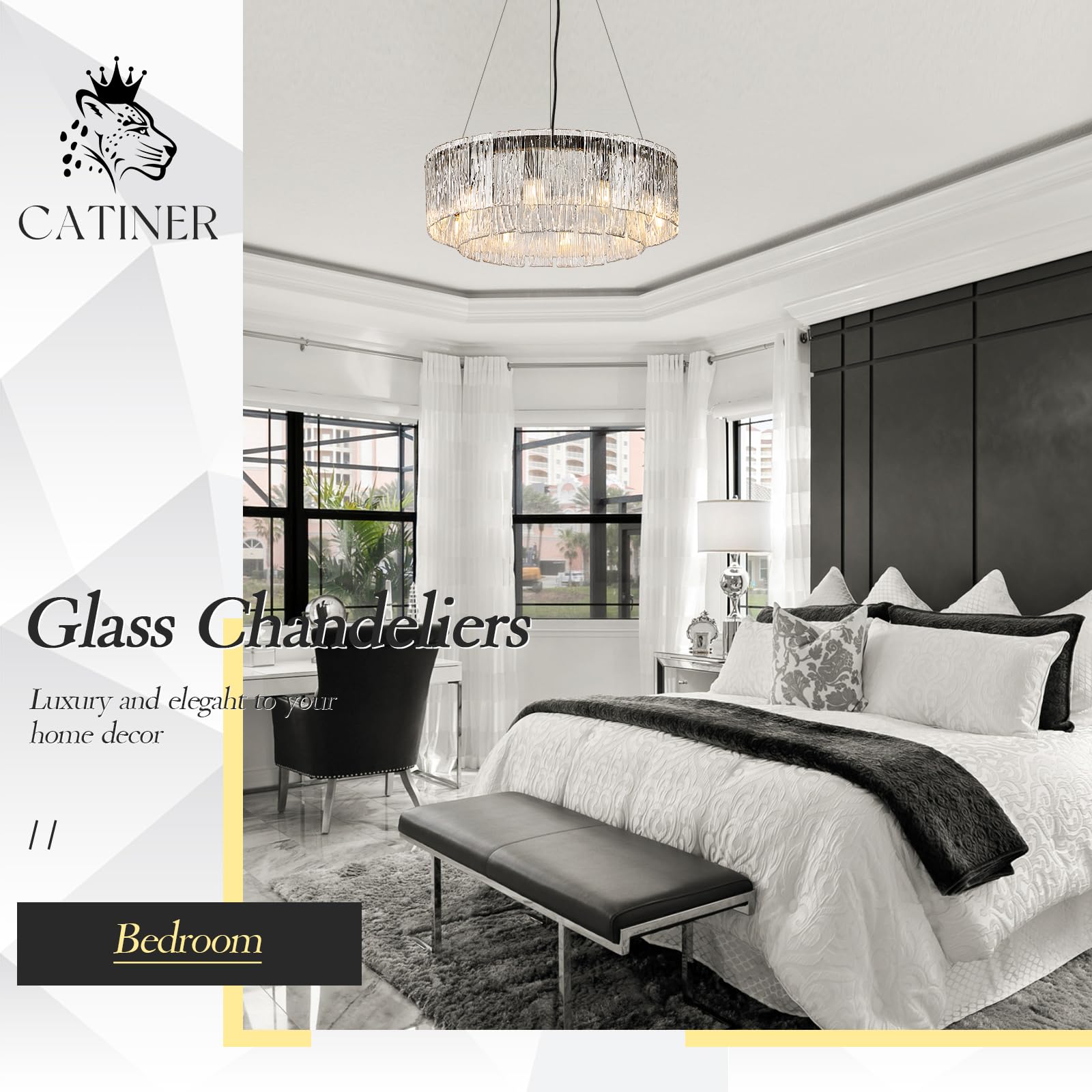 CATINER 24” Black Crystal Glass Chandelier, 10-Light Drum Pendant Ceiling Fixture for Dining Room, Foyer, Living Room, Bedroom