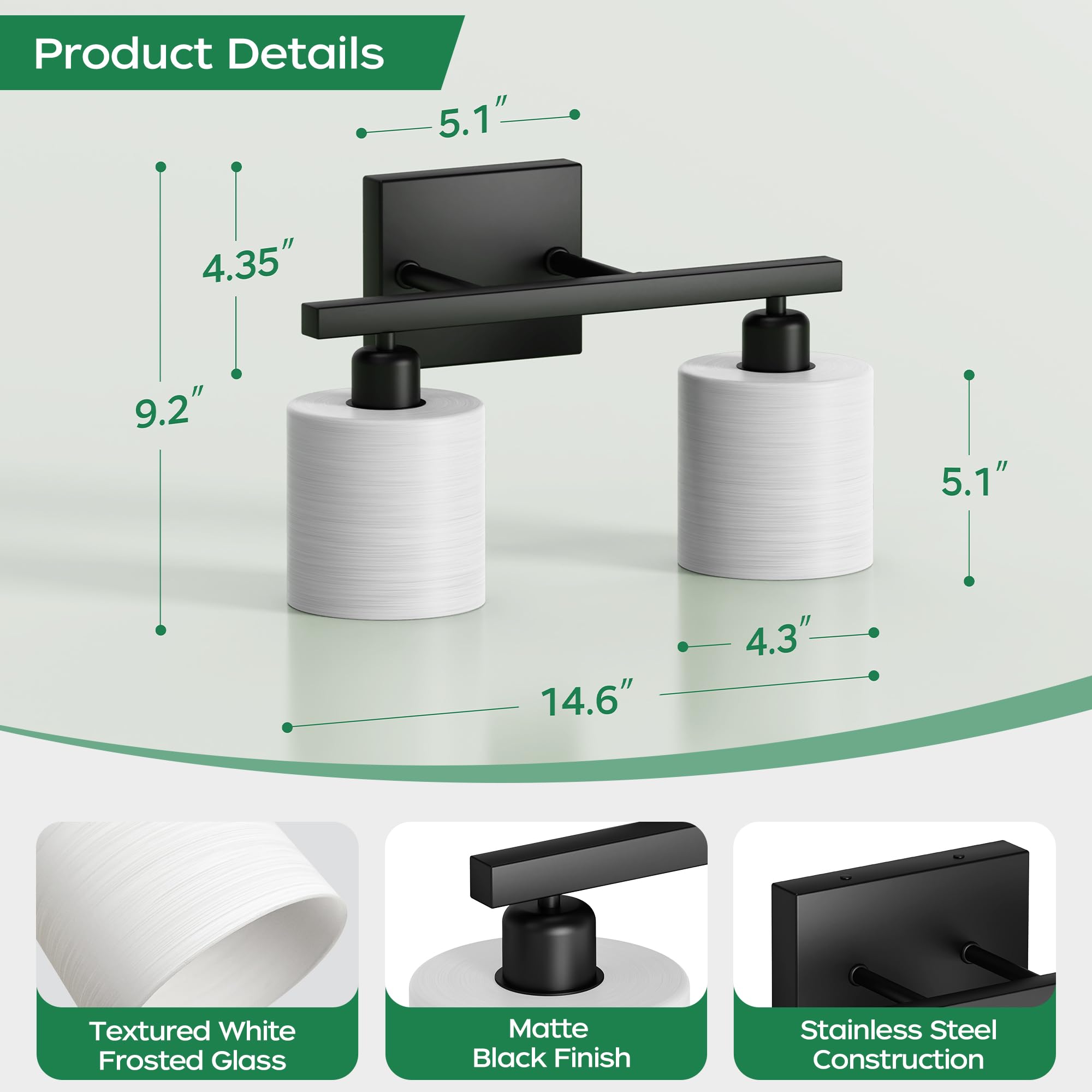 PARTPHONER Classic Vanity Light, 2-Light, Textured White Glass Shade, Matte Black, Model PAWL200AB1