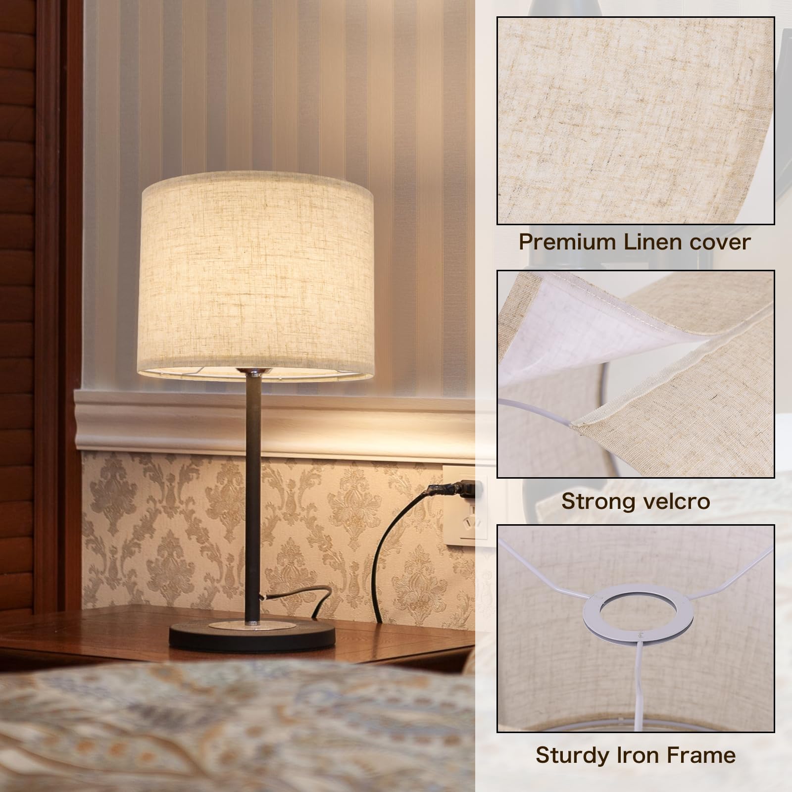 Small Lamp Shades Set Of 2, Beige Drum Lampshades 8.7''Top X 8.7'' Bottom X 7.9'' High, Replacement Lamp Shades Natural Linen Fo