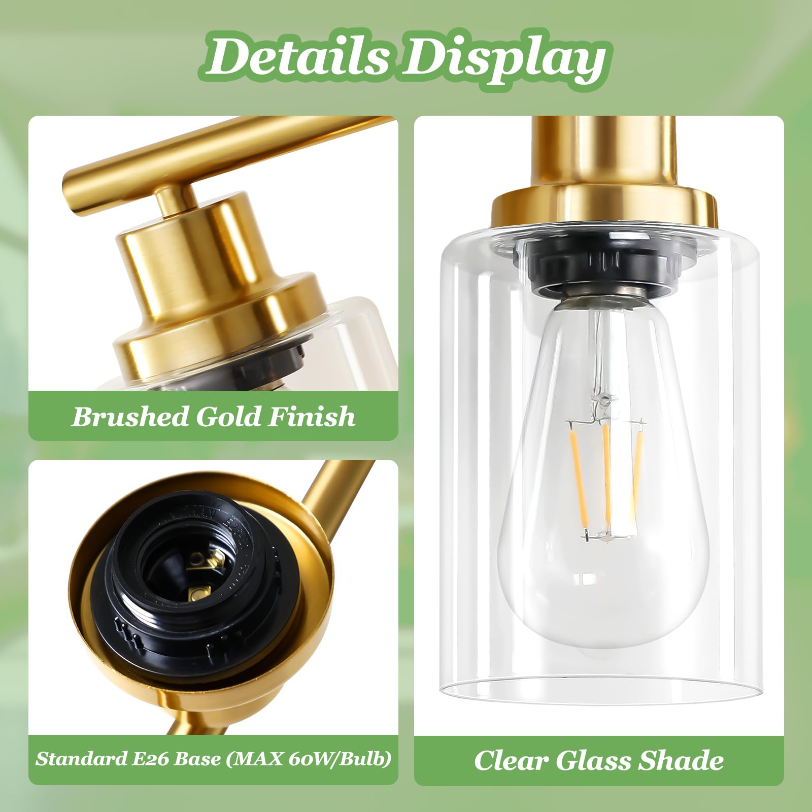 Guliaofo 4-Light Gold Bathroom Vanity Light Fixture, E26 Modern Metal Wall Sconce with Clear Glass Shade, Model Gu-111-QGJ-4