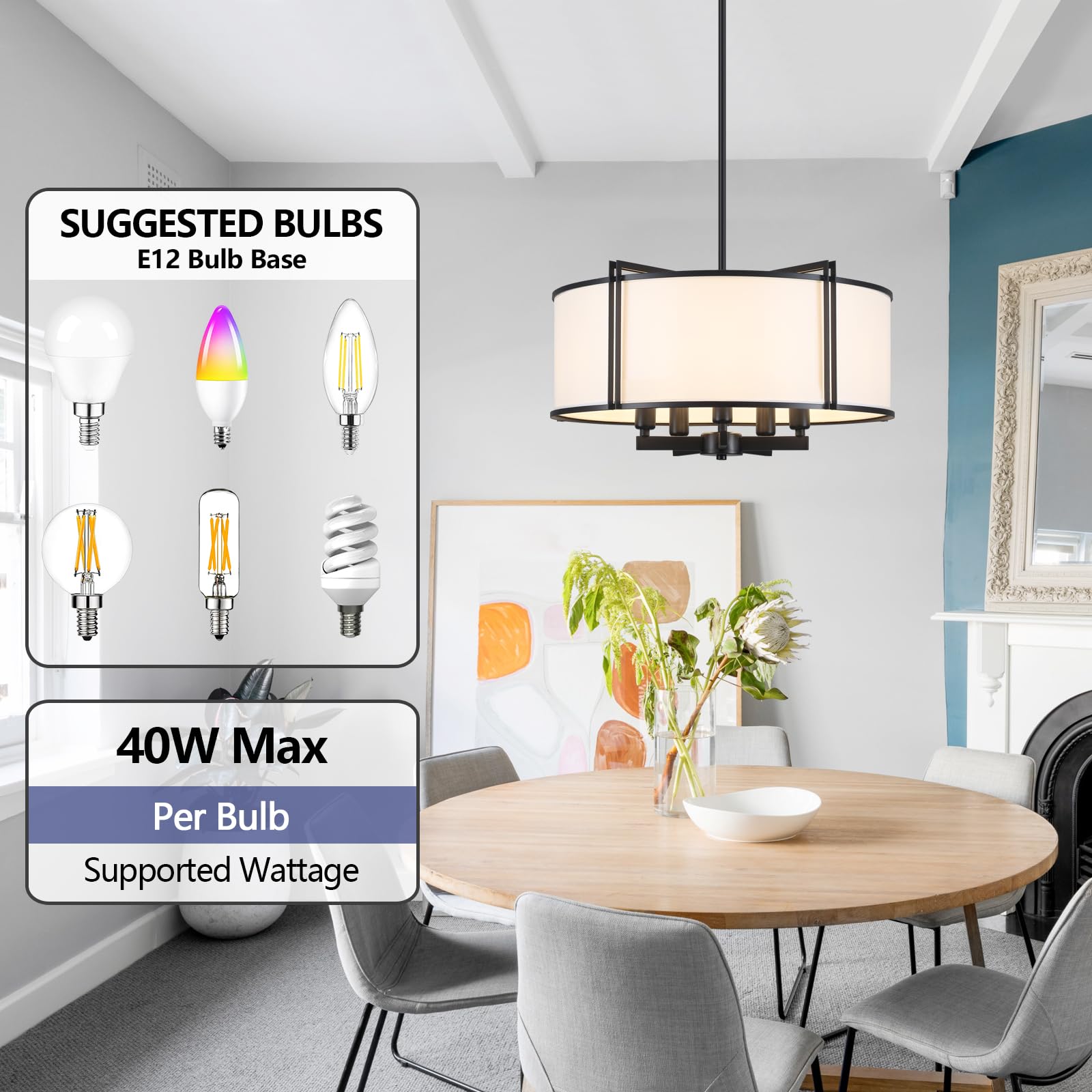 CWarmozy 19.6" Black Drum Chandelier, 5-Light Modern Pendant Light Fixture, Adjustable White Fabric for Dining Room, Kitchen, Living Room