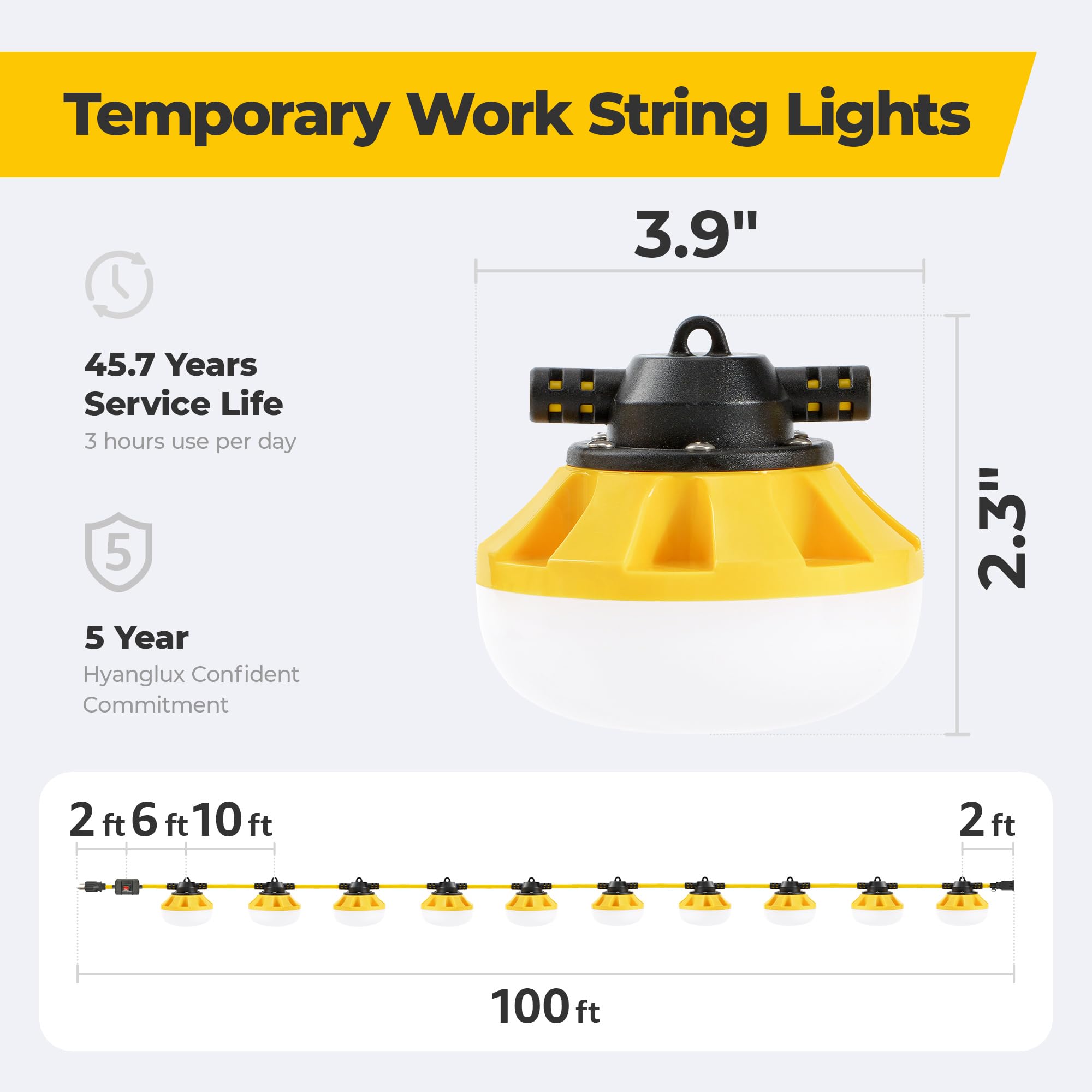 Hyanglux 3 Prong Mechanical Switch Outdoor Led String Lights: 100Ft 100W 11000Lm Etl Certified Bright Temporary Lighting Hanging