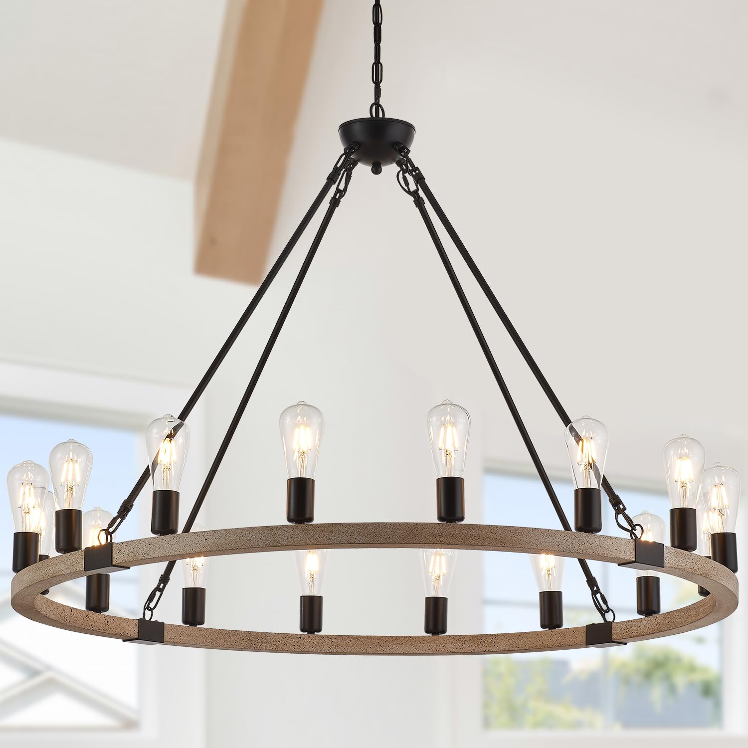Brfaixla 16 Lights Wooden Wagon Wheel Chandelier Farmhouse 43.3’’ White, Black Metal Pendant Chandeliers Wood Vintage Rustic Light Fixtures Industrial For Living Dining Room Foyer High Ceiling Villa
