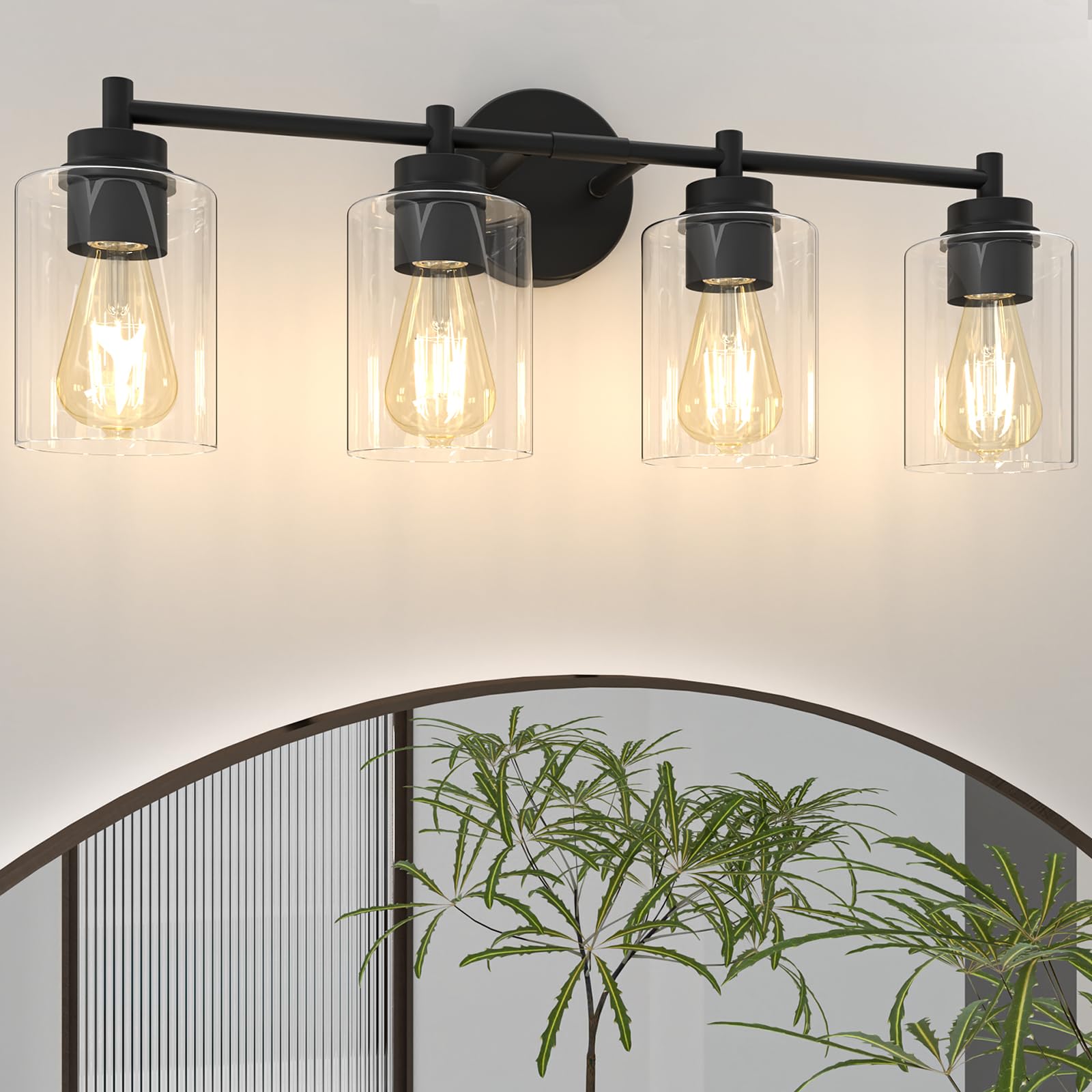 Sobrovo 4-Light Bathroom Light Fixtures, Matte Black Modern Vanity Light with Clear Glass Shades, Bathroom Sconce for Mirror Liv