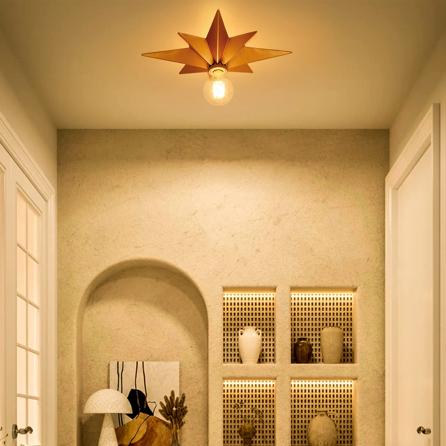 Airposta 16 Inch Flush Mount Ceiling Light, Gold Metal Star Fixture For Hallway, Entryway, Bedroom, Kitchen, Bathroom