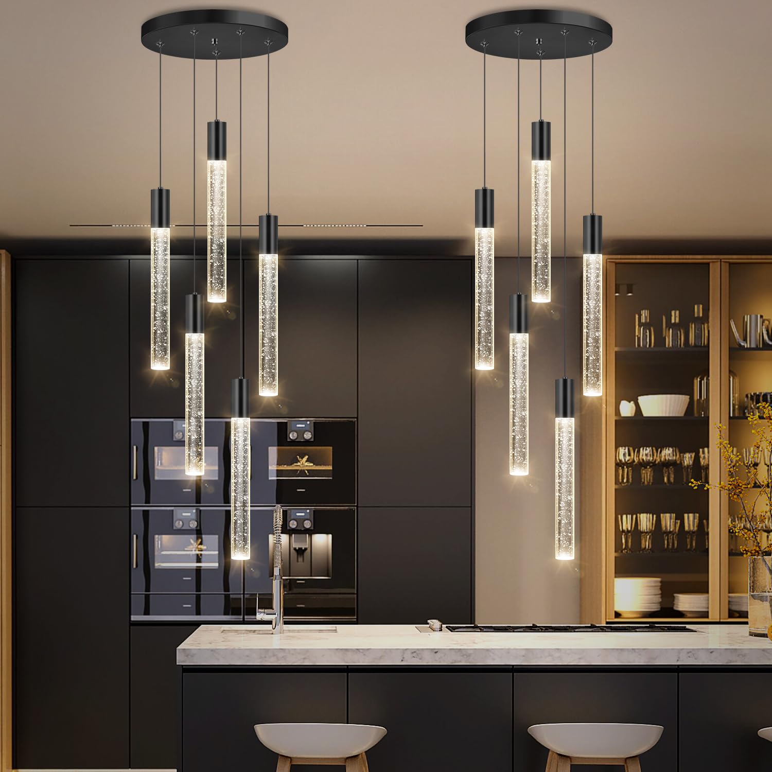 HAIXIANG 5-Lights Chandelier, Modern Crystal Pendant Lighting, Remote Dimmable, Matte Black, Model MMQ3810