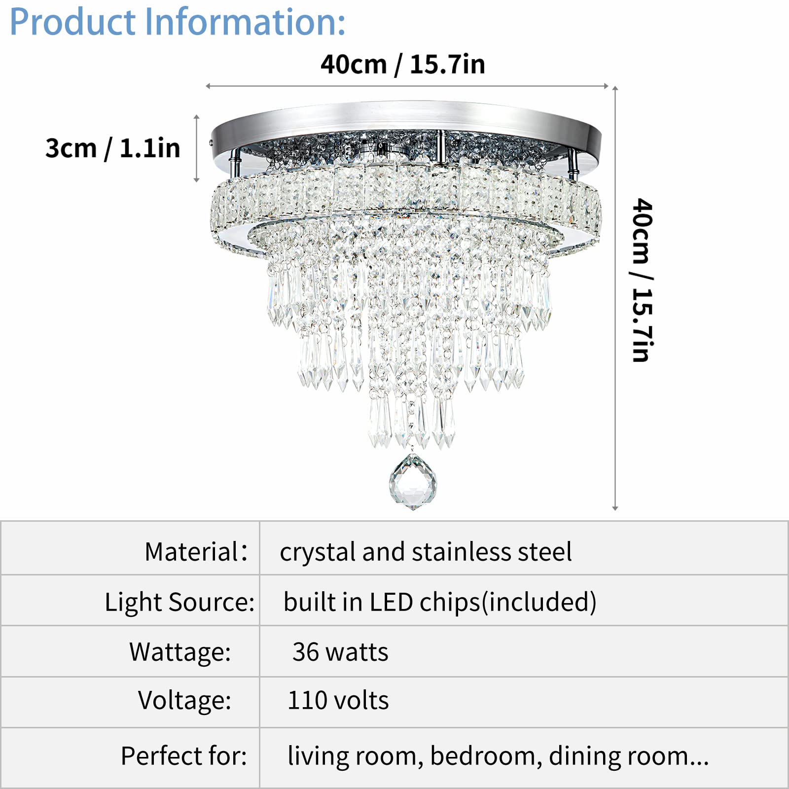Hongnuofc 16'' Crystal Flush Mount Ceiling Light Fixtures With Remote Control - Round Modern Led Chandelier For Bedroom, Living