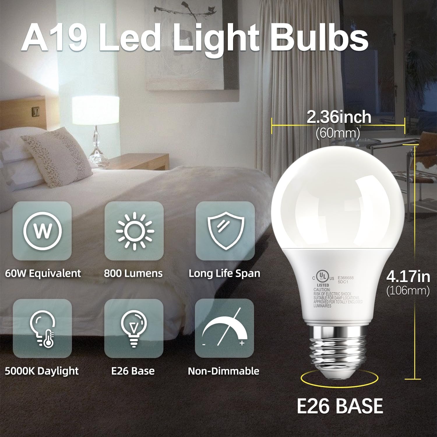 TJOY A19 LED Light Bulbs 24 Pack, 60W Equivalent, 9W, Daylight 5000K, E26 Base, Energy Saving, 800LM, Non-D