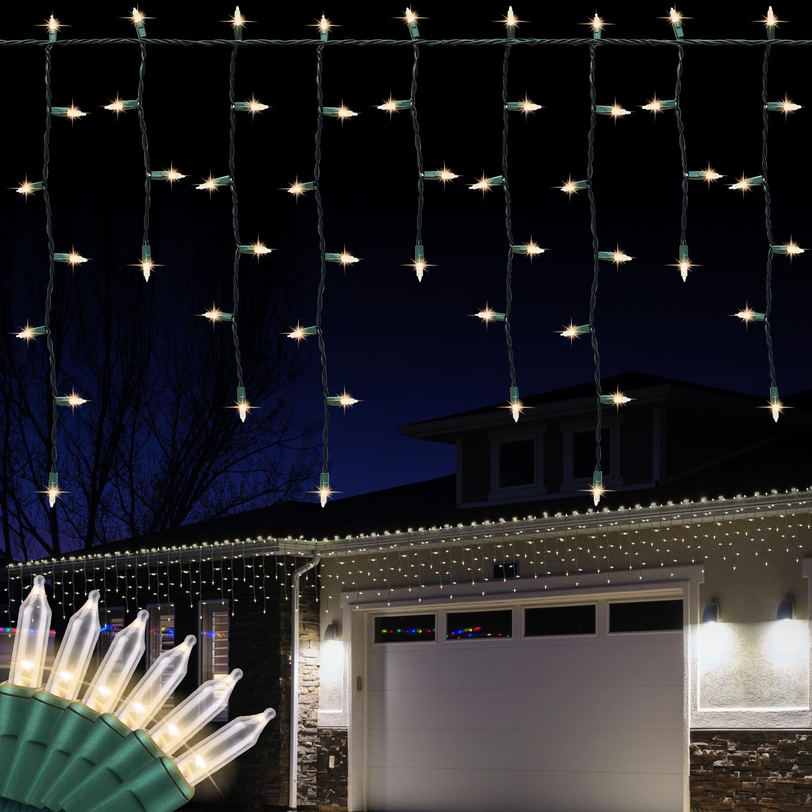 LAMPHOME Icicle Lights - 300 Count Clear - 27 FT Green Wire - Indoor/Outdoor Holiday Lighting - Model LX2362