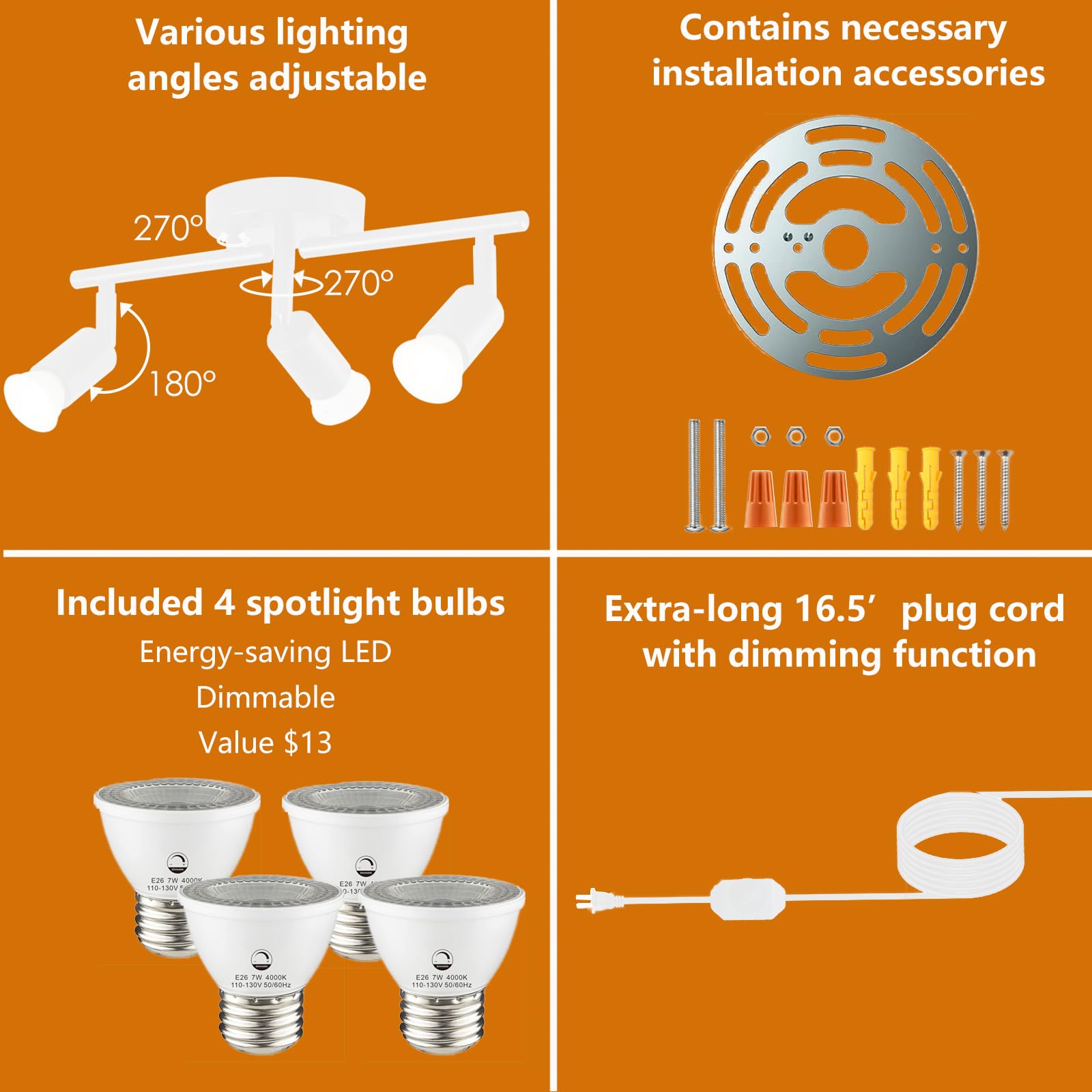 Vivihobb Dimmable Plug In Track Light White 3 Light Plug In Ceiling Lighting Fixture With 16.4 Long Cord 4 Way Ceiling Spotlight Rotatable Wall Mount Light Head Led Dimmable Spot Bulbs Included
