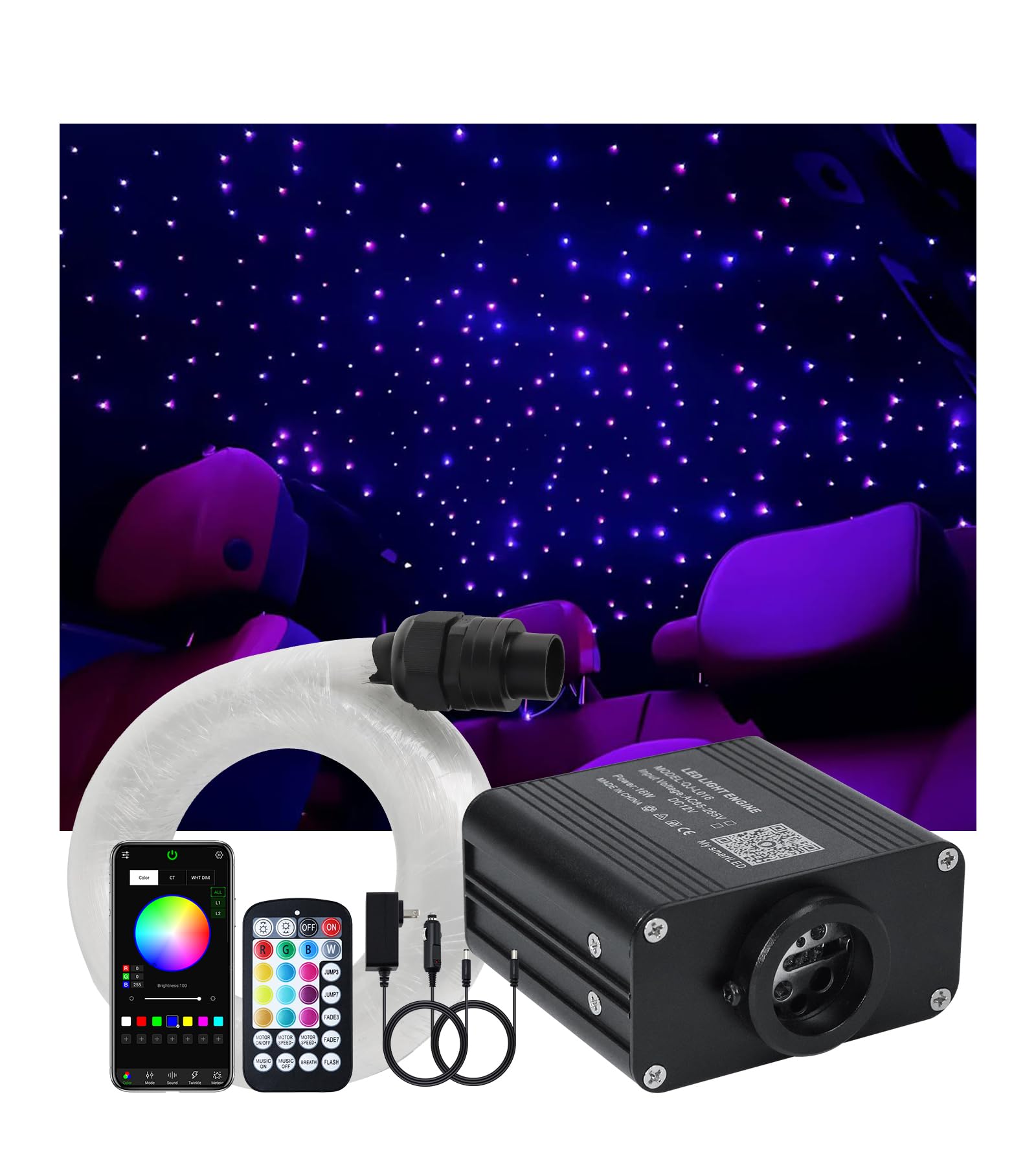 16W Twinkle 500pcs Starlight Headliner Kit, 0.03in 6.5ft Fiber Strands Small Size Star Lights for Car Roof Use with APP/RF Remot