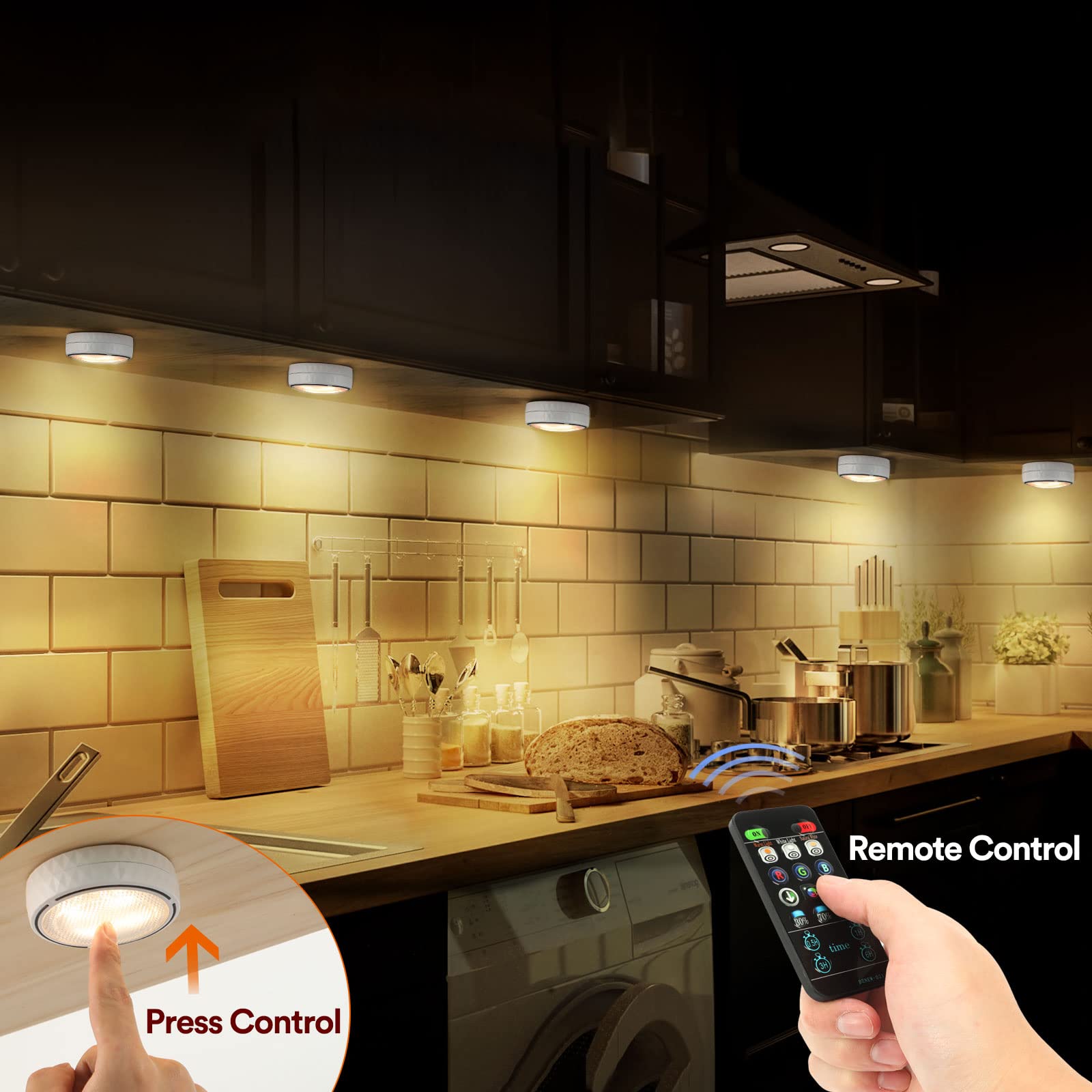 Tecomlight Led Puck Lights - Battery Operated, Wireless, Remote Control - 2 Pack - White - Under Cabinet & Closet Lighting
