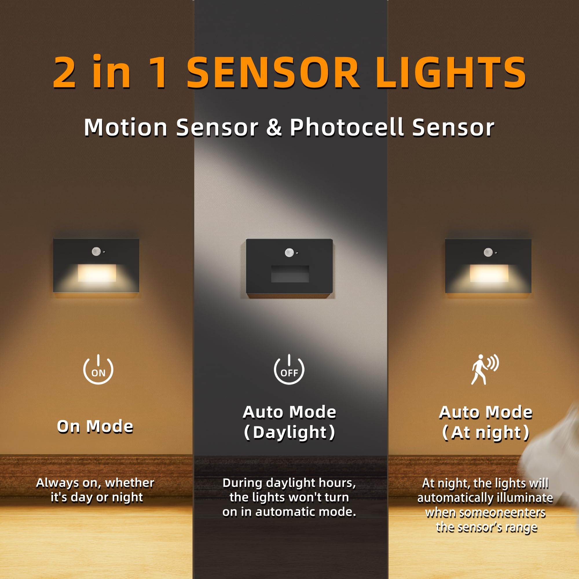 Jandov Motion Sensor Stair Lights, Dimmable 3CCT, Hardwired 120V, IP65 Waterproof, Black, Model JV-Outdoor-Step-lights