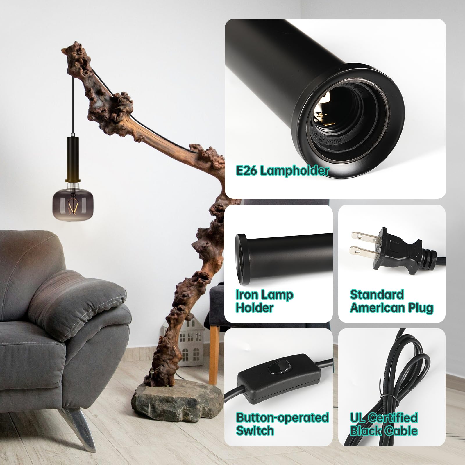 Amdtu Hanging Lights With Plug In Cord Black, 15Ft Plug-In Pendant Light Fixtures,Hanging Lamp Cord With Switch On Off For Livin