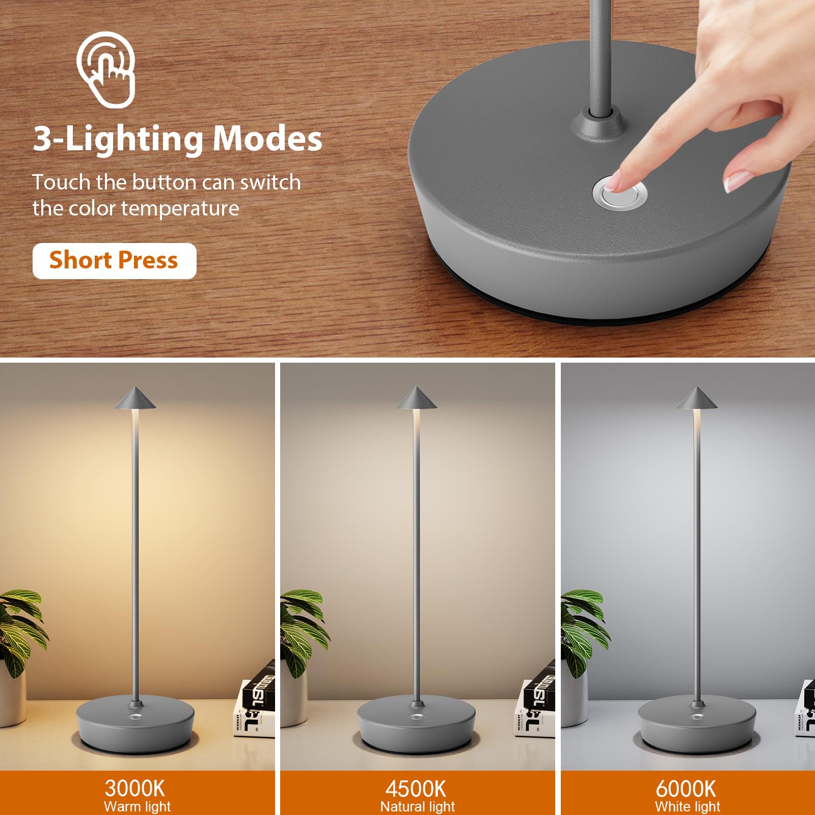 YIBEN Rechargeable Cordless Table Lamp, 6000mAh Battery, 3 Brightness Levels, 2-Pack, Gray, Model X12
