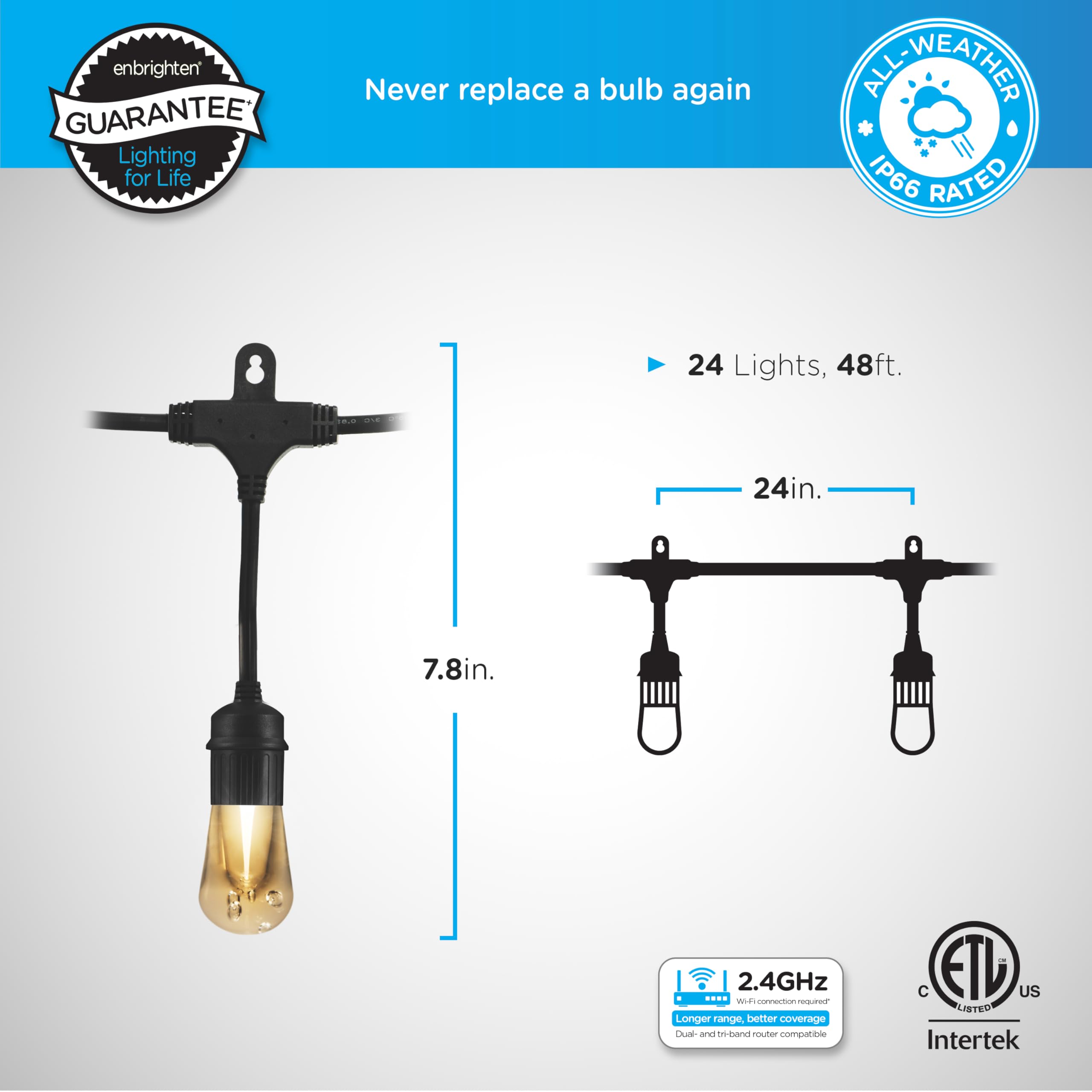 Enbrighten Led Wi-Fi Smart Vintage Caf   Lights, 48Ft, Multicolored/White, Patio, Backyard, Deck, Porch, Outdoor Lighting, Vario