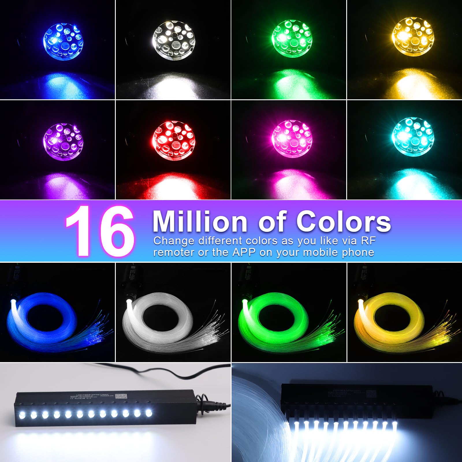 6W Small Size Fiber Optic Starlight Headliner Kit, 350pcs*0.03in*9.8ft, Shooting Stars + Twinkle + Sound-Activated APP& Remote C