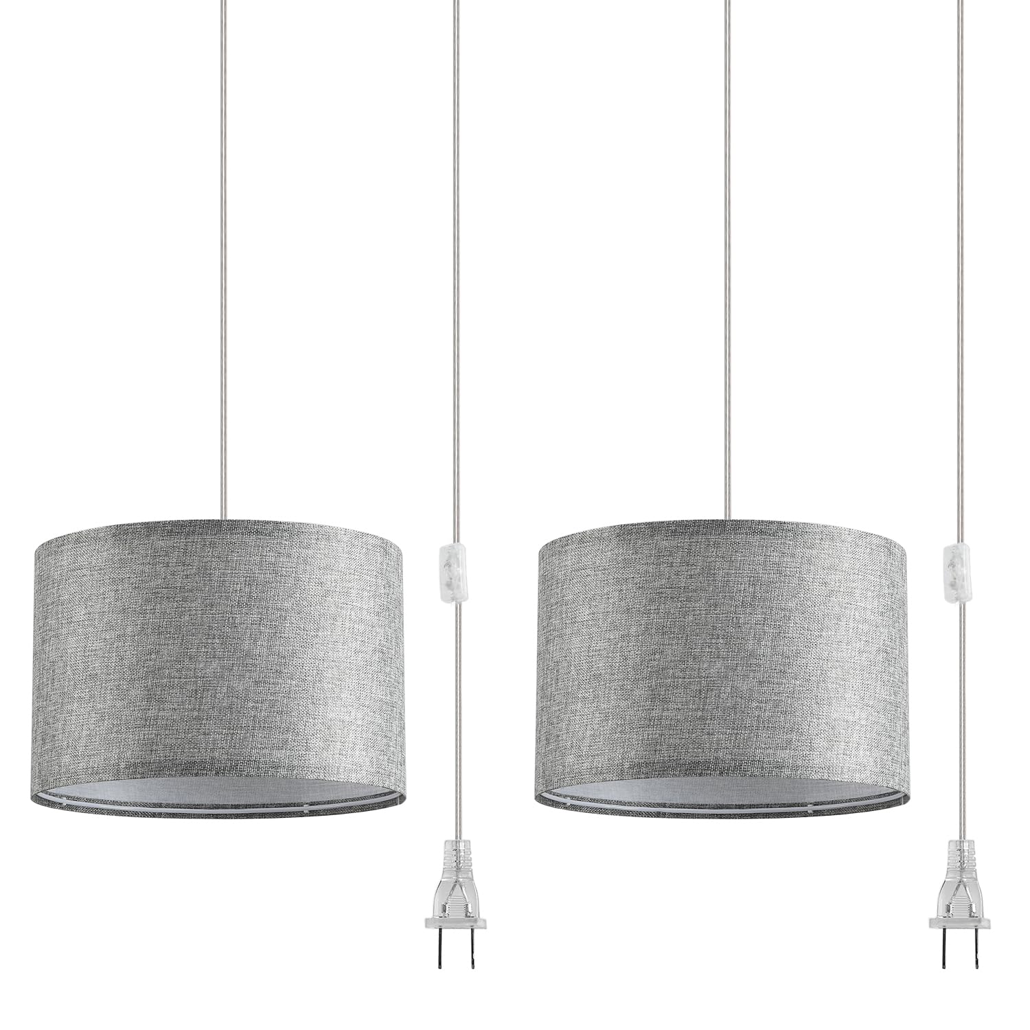 Ihengyanlt 2 Pack Plug In Pendant Light, Hanging Light With 15Ft Clear Cord, On/Off Switch, Grey Fabric Lamp Shade, Hanging Light Fixture For Bedroom, Kitchen, Living Room, Dining Table