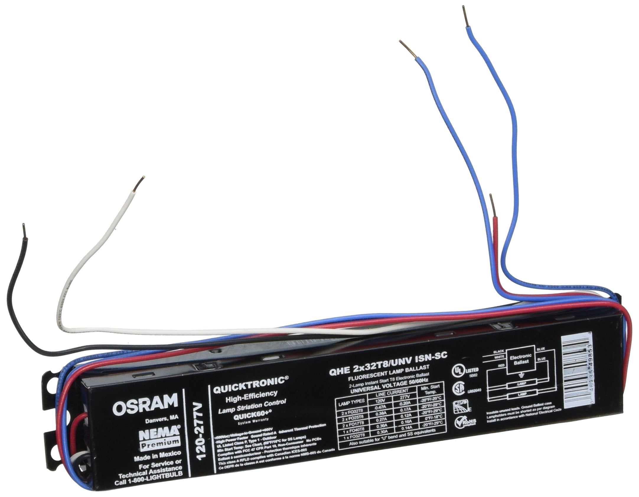 Sylvania Qhe2X32T8/Unv Isn-Sc Fluorescent Ballast, 2 Lamp, 32W T8, 120/277V
