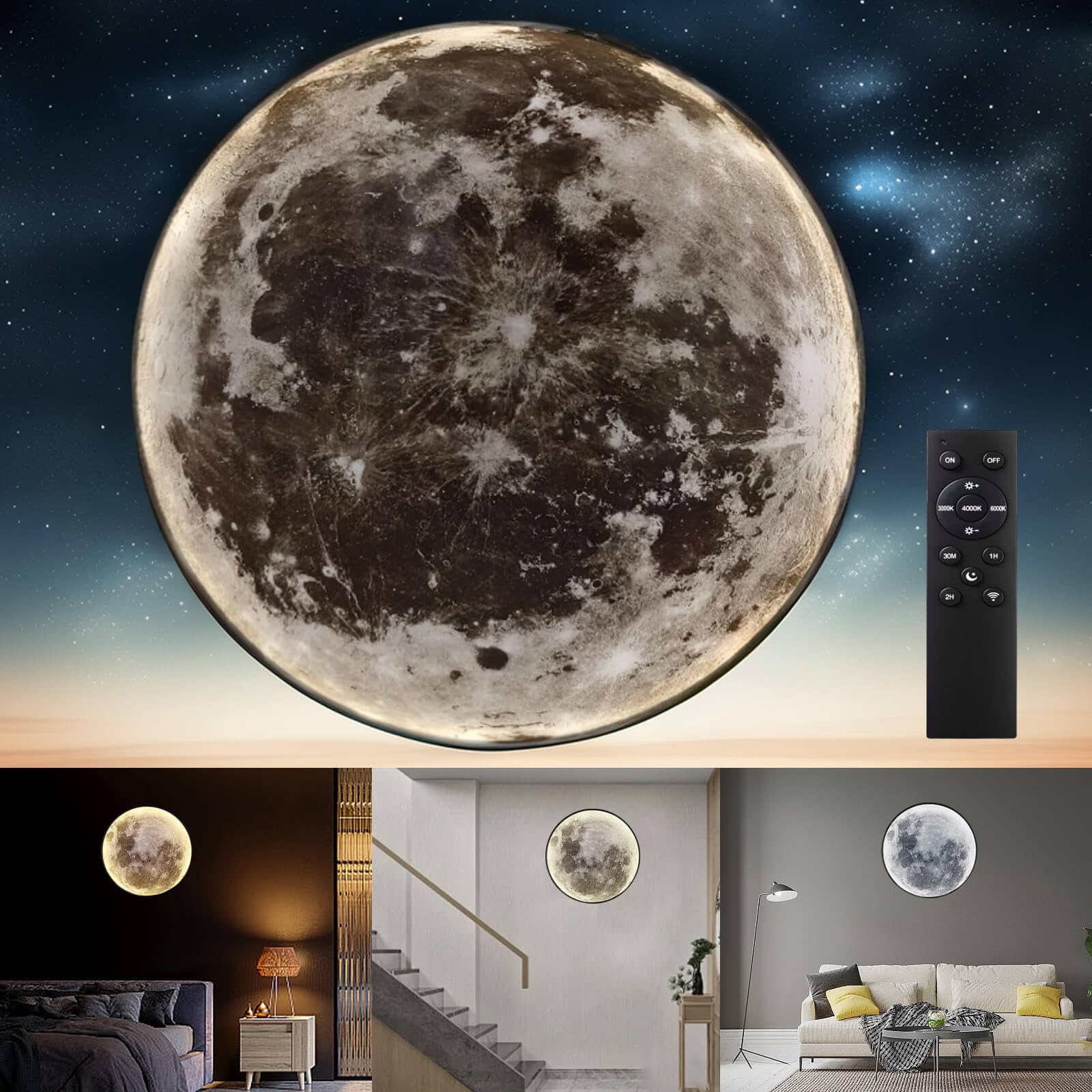 Dimmable Moon Wall Lamp, Rechargeable Battery Operated Wall Sconce Moon Lights with Remote, 3 Color Indoor Wall Mounted Lighting