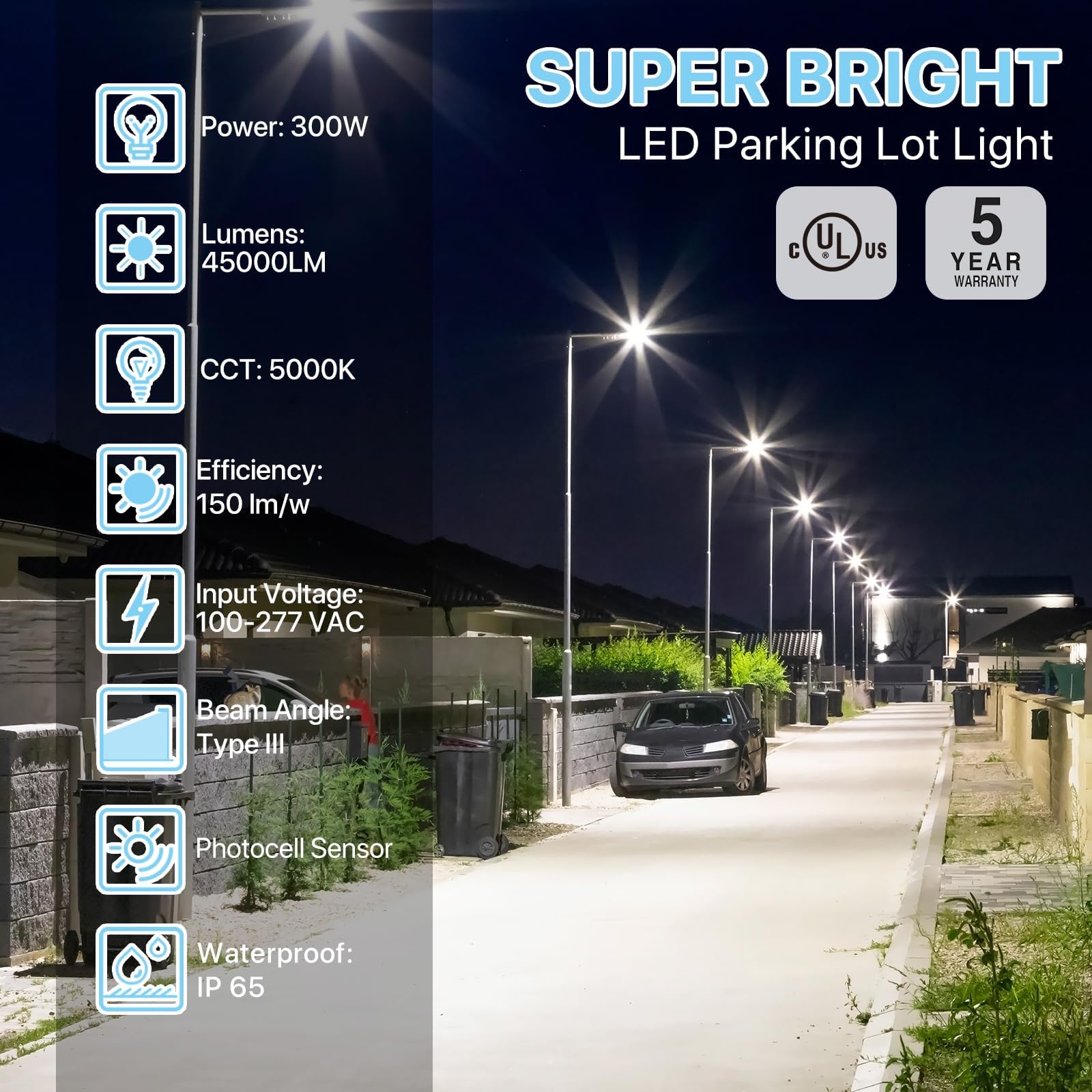 HYPERLITE 300W LED Parking Lot Lights - 2 Packs, 45000LM, 5000K, Bronze, Photocell, UL Listed for Outdoor Street & Area Lighting