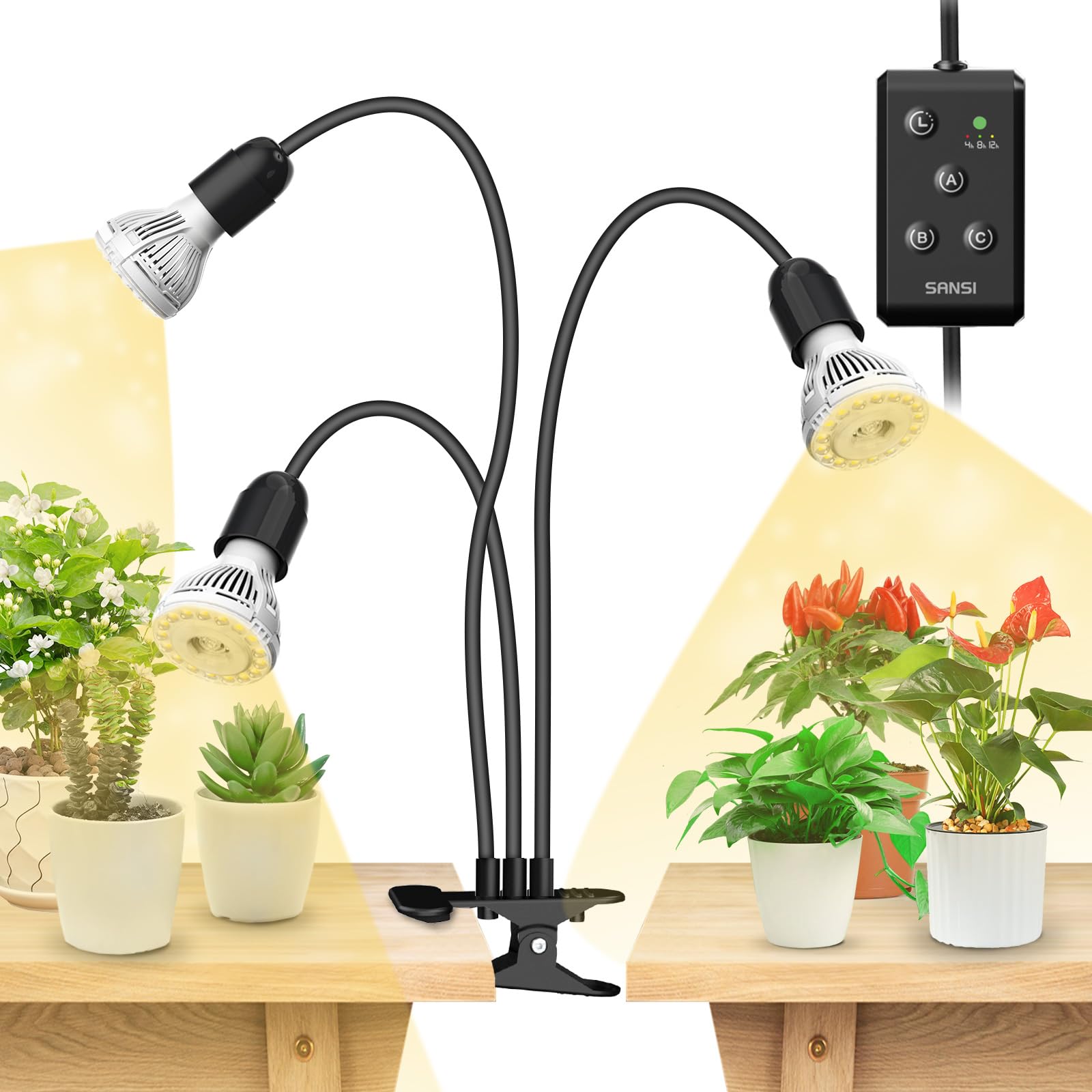 SANSI LED Grow Light, 450W Full Spectrum, 3-Gooseneck Clip, Timer 4/8/12 Hrs, Black, Model C21GL-GE26-10