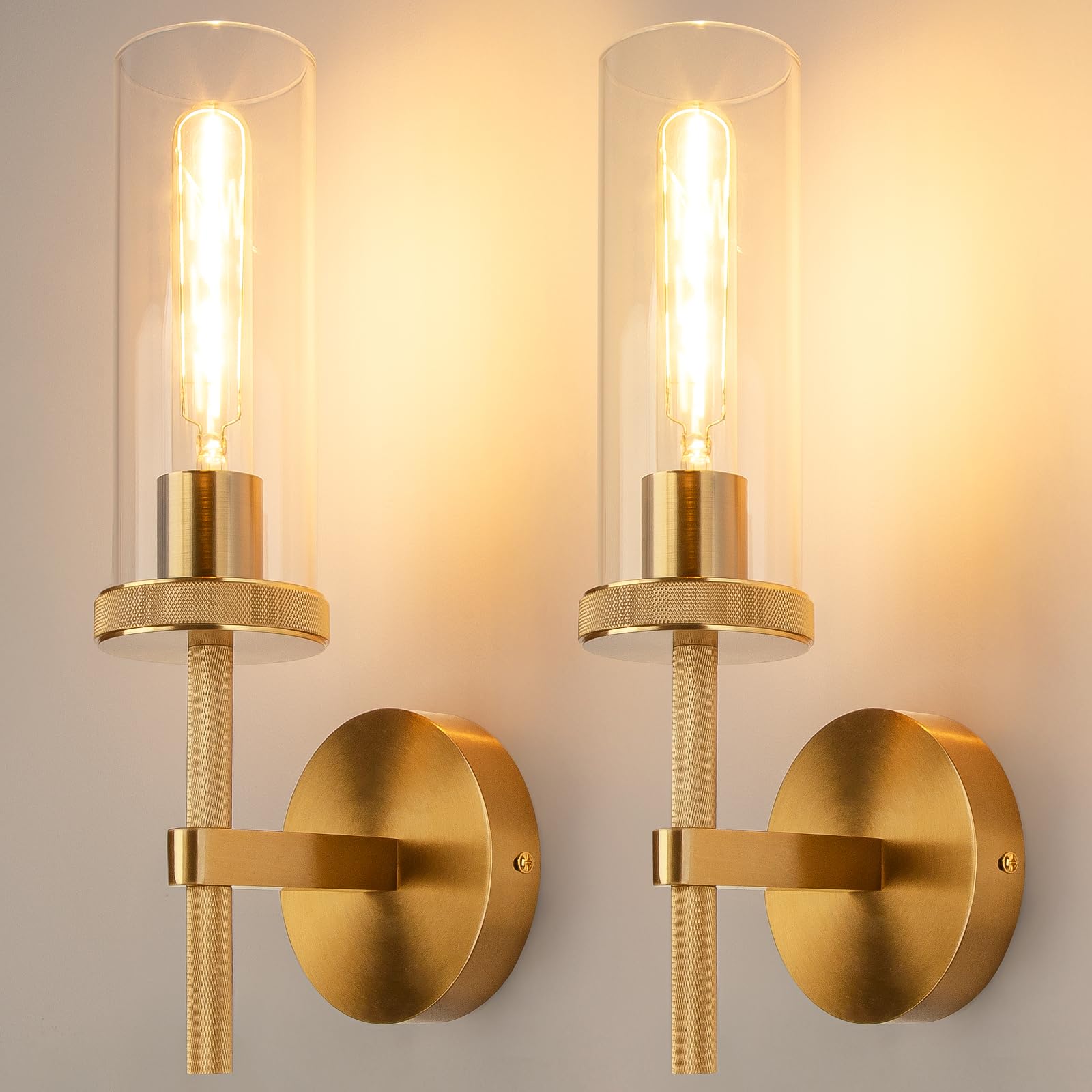 15 Knurled Gold Hardwired Wall Sconces Set of 2, Bathroom Vanity Light Fixtures with Vertical Striped Glass Tube, Modern Lamp Li