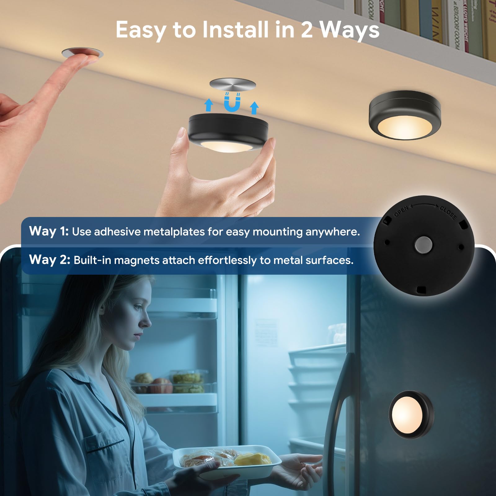 Yiliaw LED Puck Lights, Remote Control, AA Battery Operated, 12 Pack, Black-Magnetic, Under Cabinet Lighting for Kitchen