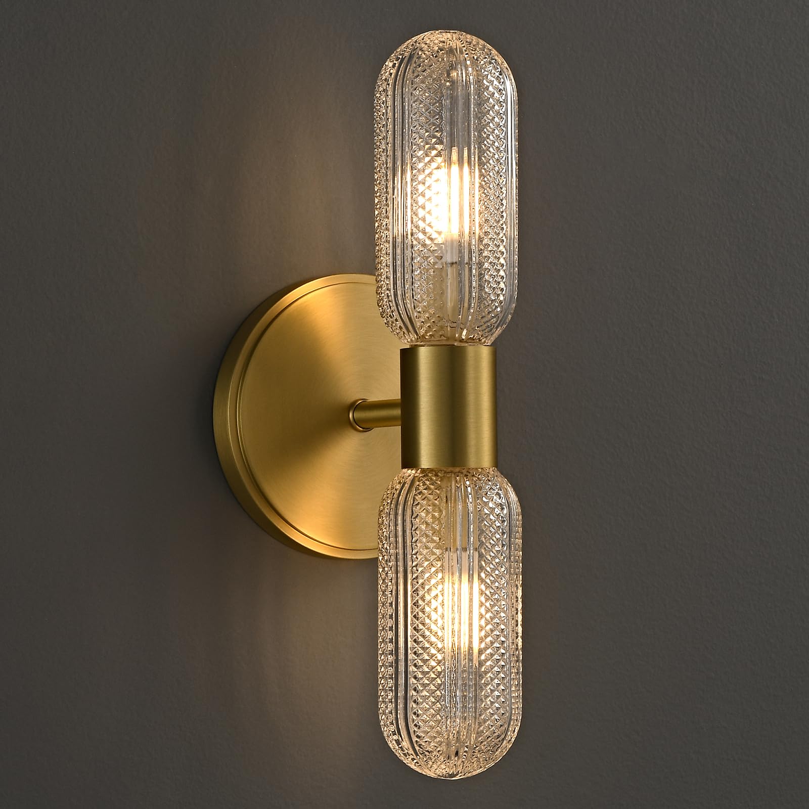 fansimone Brushed Brass Wall Sconces 12.3in Bathroom Knurled Double Glass Sconces Wall Lighting 2-Light Vanity Light Gold Sconce Wall Lights for Living Room Bedroom Hallway Bathroom Mirror Entrance