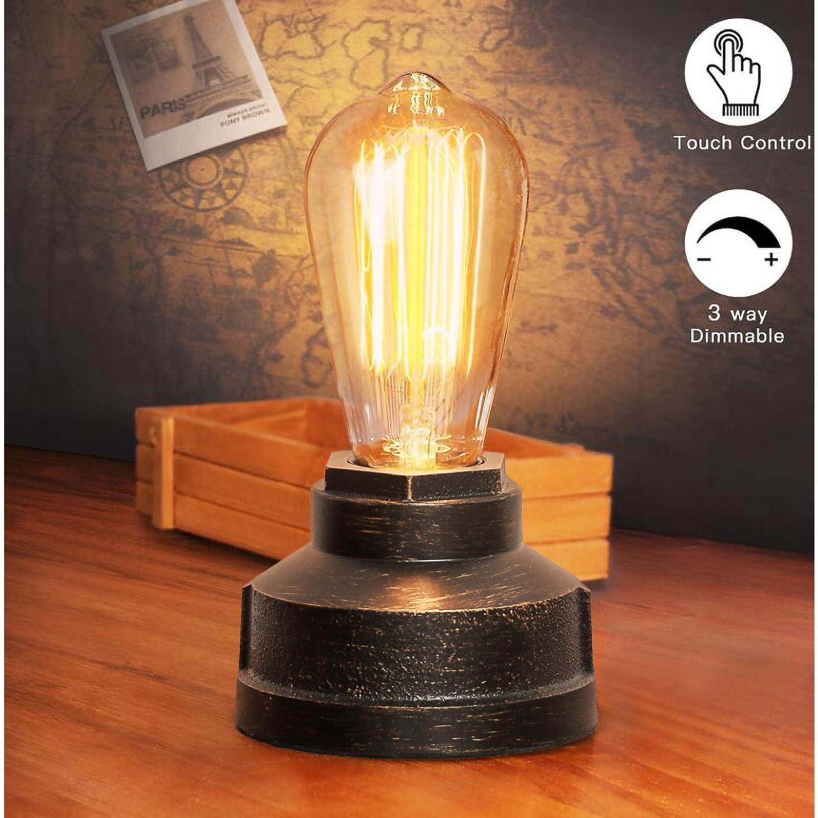 Boncoo Vintage Touch Control Table Lamp, Dimmable Edison Base, Black with Brushed Gold, 4.13in(D)*2.83in(H), Ideal for Bedroom & Living Room