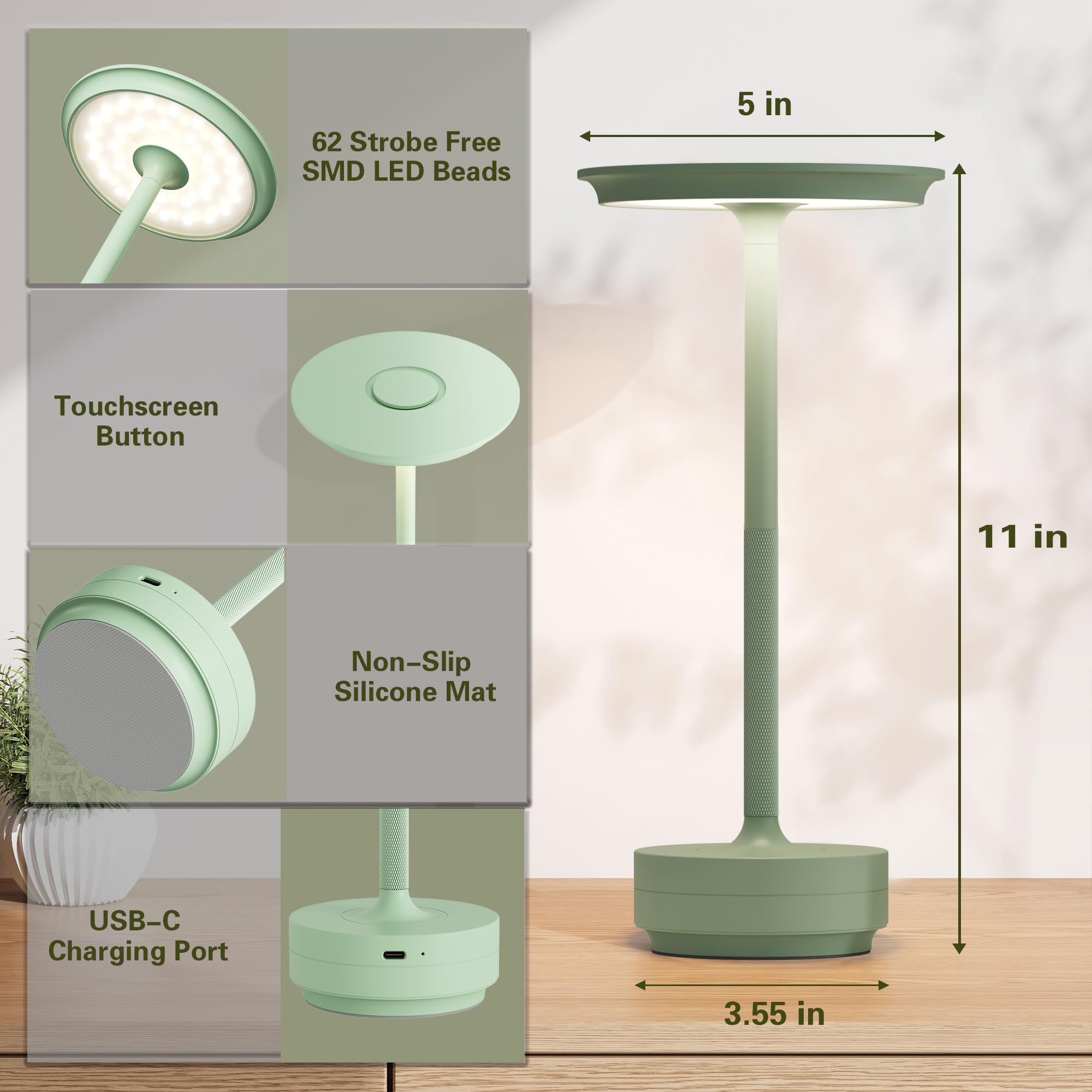 Ztflos Cordless Rechargeable Table Lamps,Portable 5000Mah Battery Desk Lamp Ip54 Waterproof 3 Color Stepless Dimming Led Table L