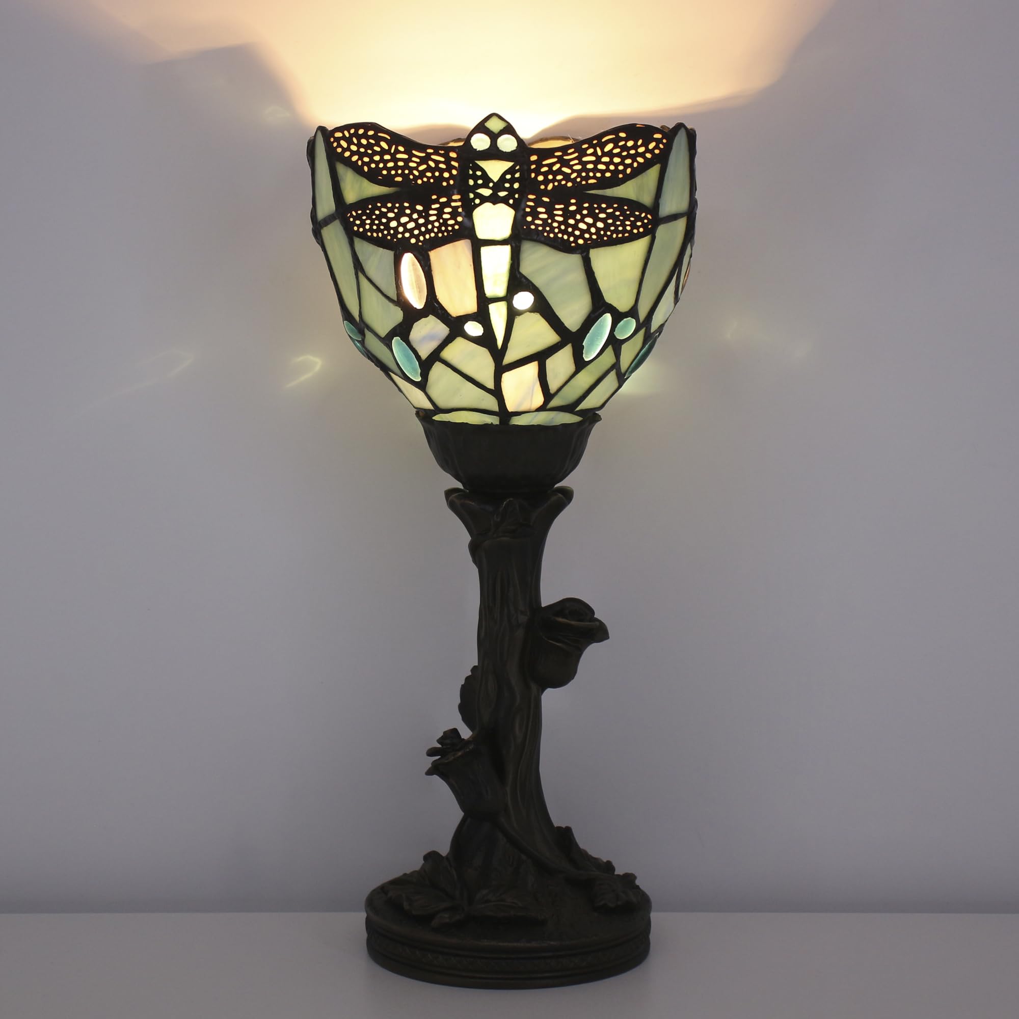 Avivadirect Small Tiffany Lamp Mini Stained Glass Table Lamp Blue Dragonfly Accent Desk Uplight W6 H13.5 Inch Bronze Resin Base