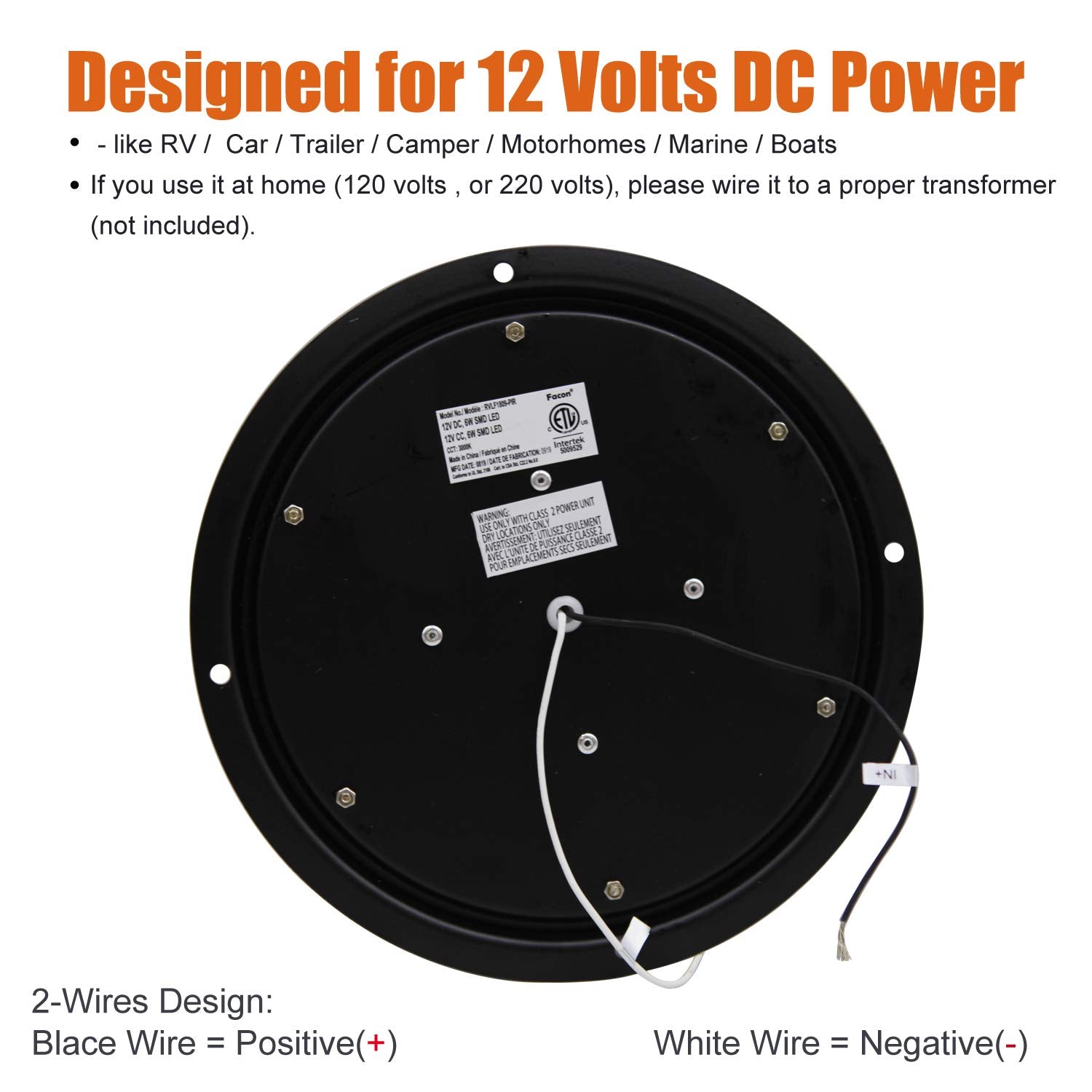 Facon 12V 8'' Rv Porch Light Scare Light Security Light - Ceiling/Wall Light Use In Door&Out Door, With Pir Motion Sensor Function - Water Proof Ip 66
